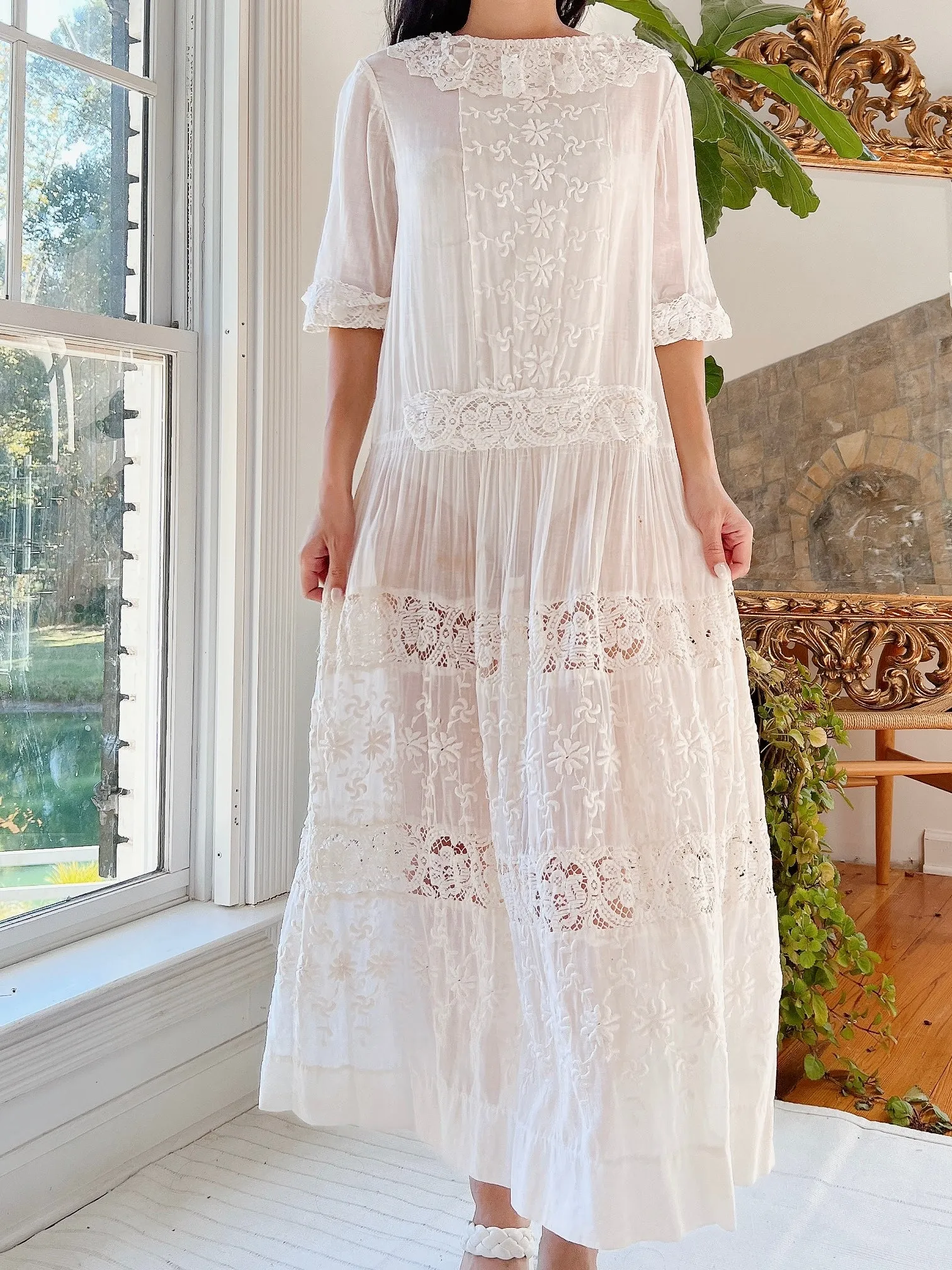 1910/1920s Cotton Embroidered Dress - M/L