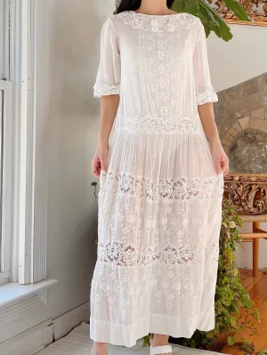 1910/1920s Cotton Embroidered Dress - M/L