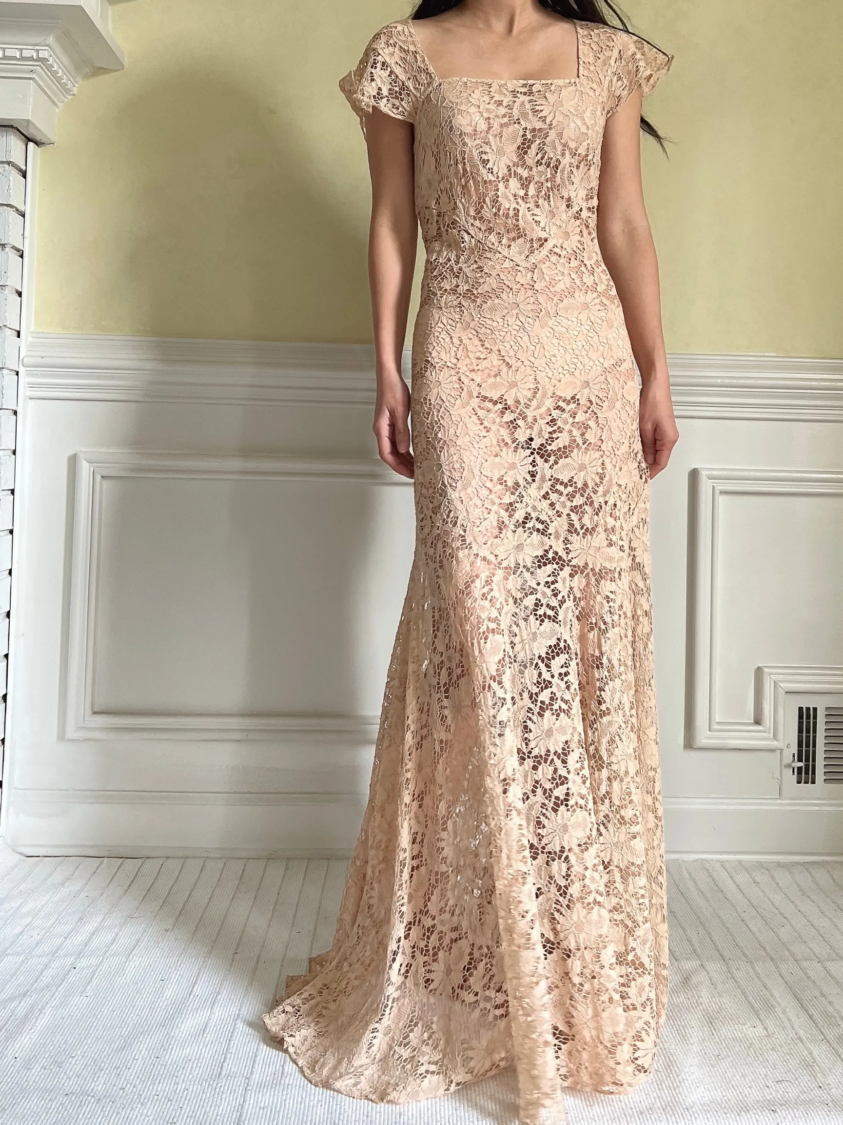 1930s Peach Lace Gown - S