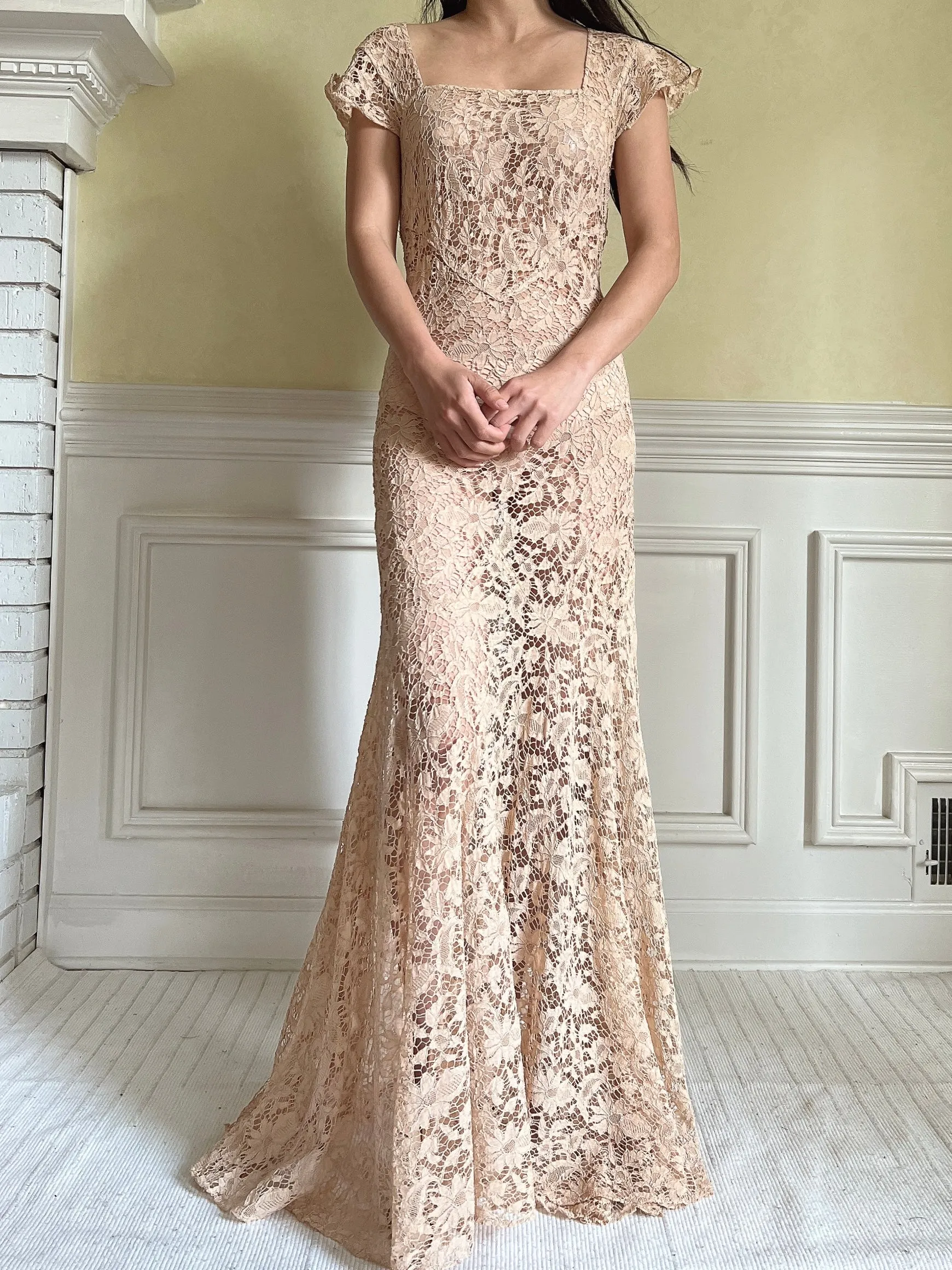 1930s Peach Lace Gown - S