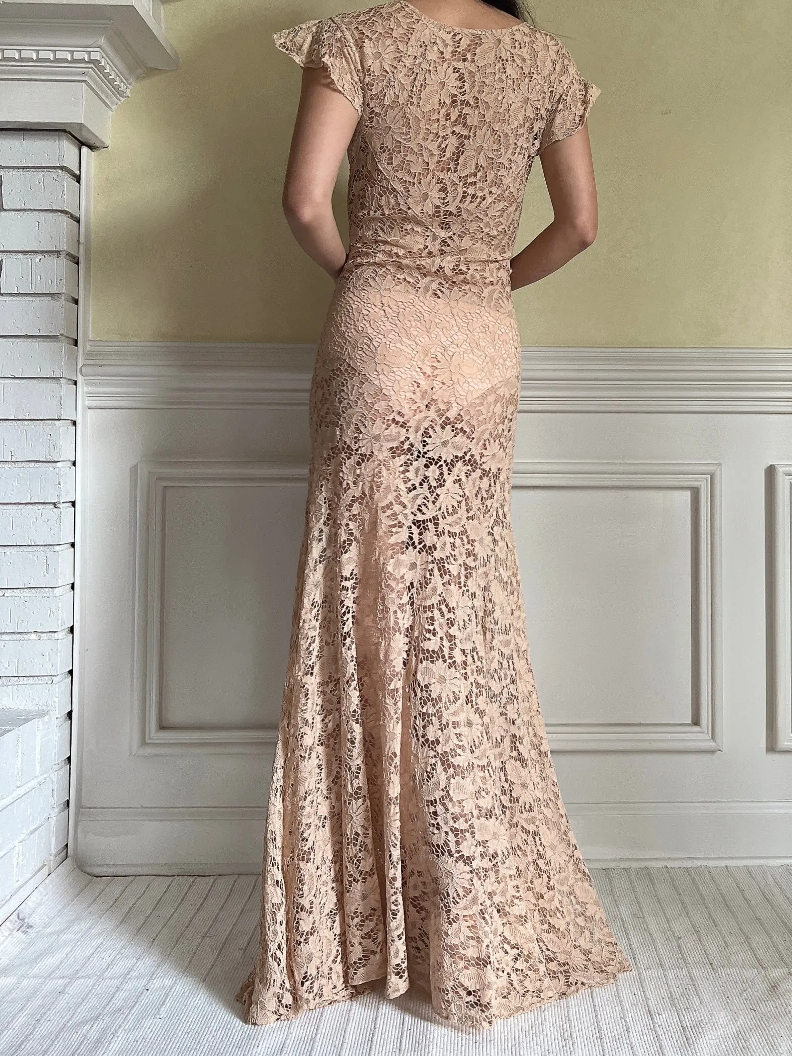 1930s Peach Lace Gown - S