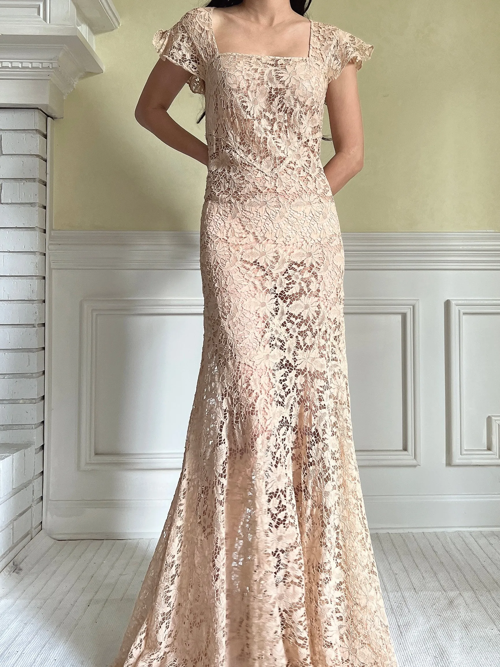 1930s Peach Lace Gown - S