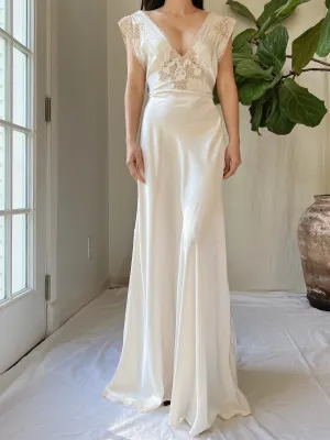 1930s Satin Embroidered Lace Dress - M
