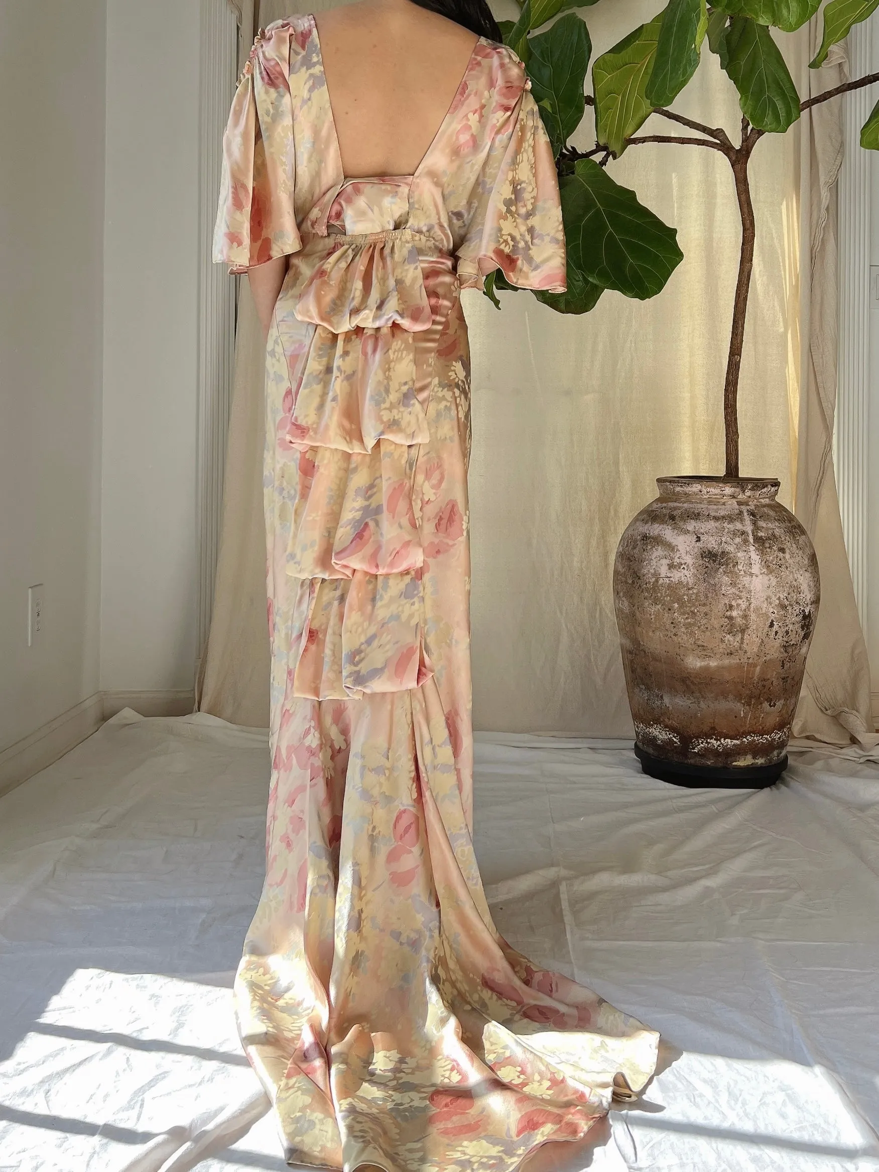 1930s Silk Floral Dress - M