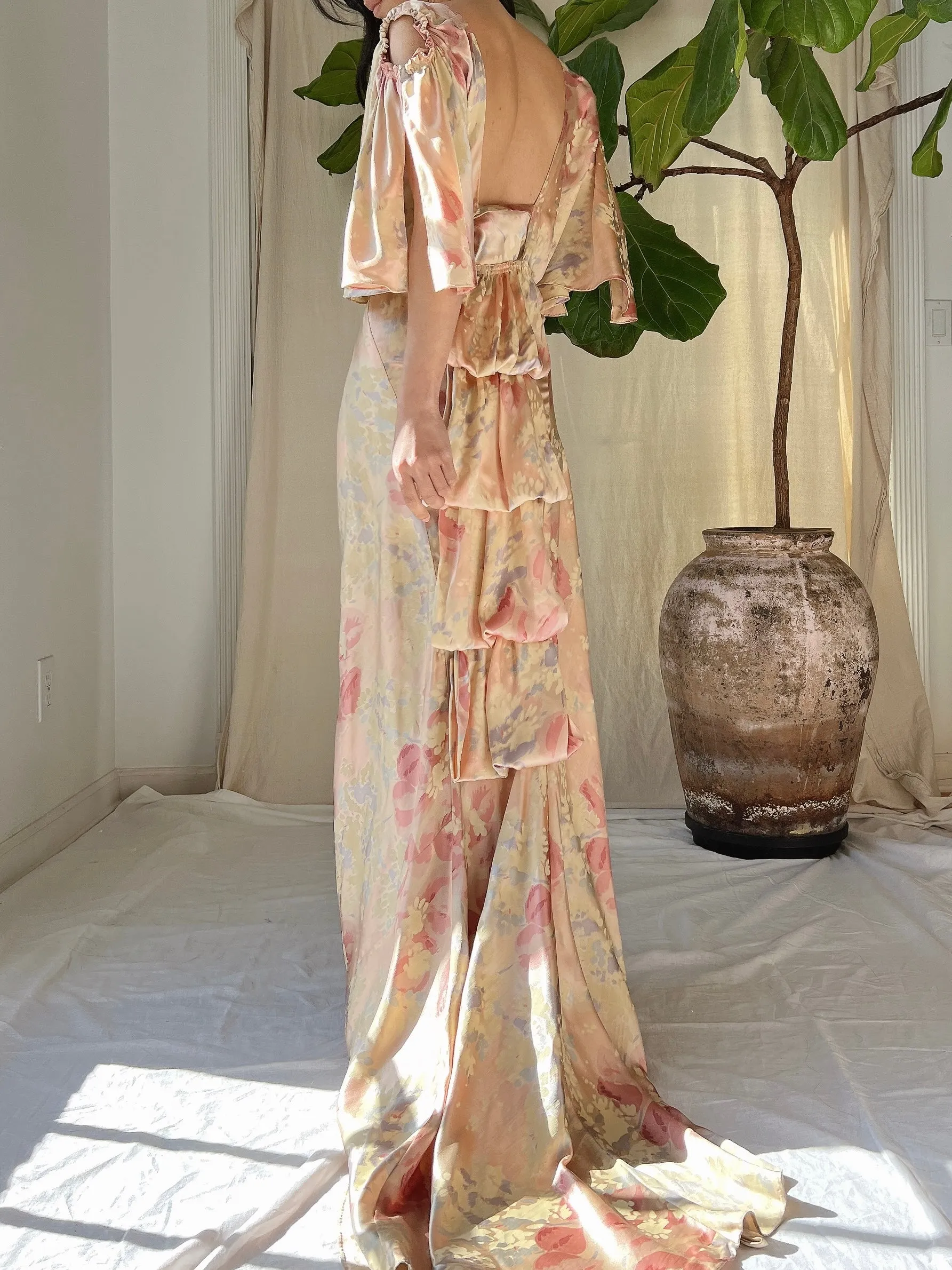 1930s Silk Floral Dress - M