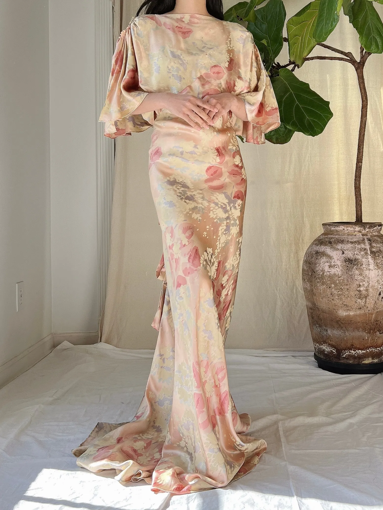 1930s Silk Floral Dress - M