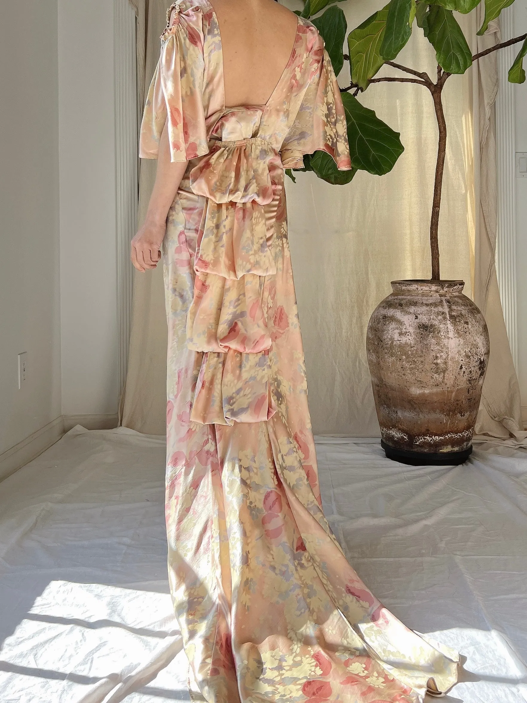 1930s Silk Floral Dress - M