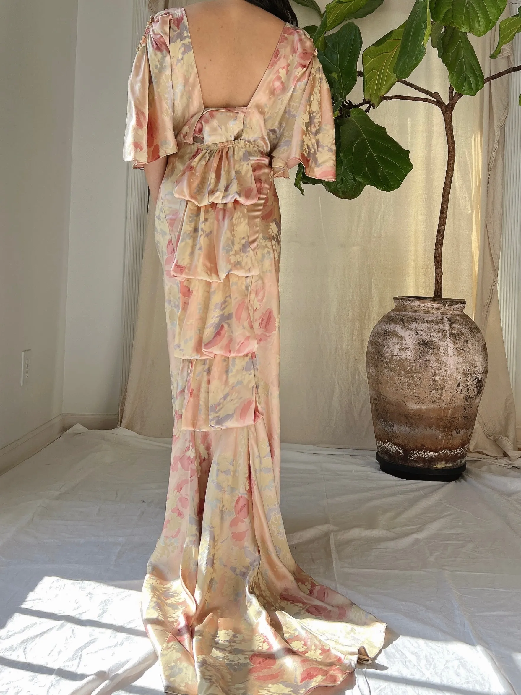1930s Silk Floral Dress - M