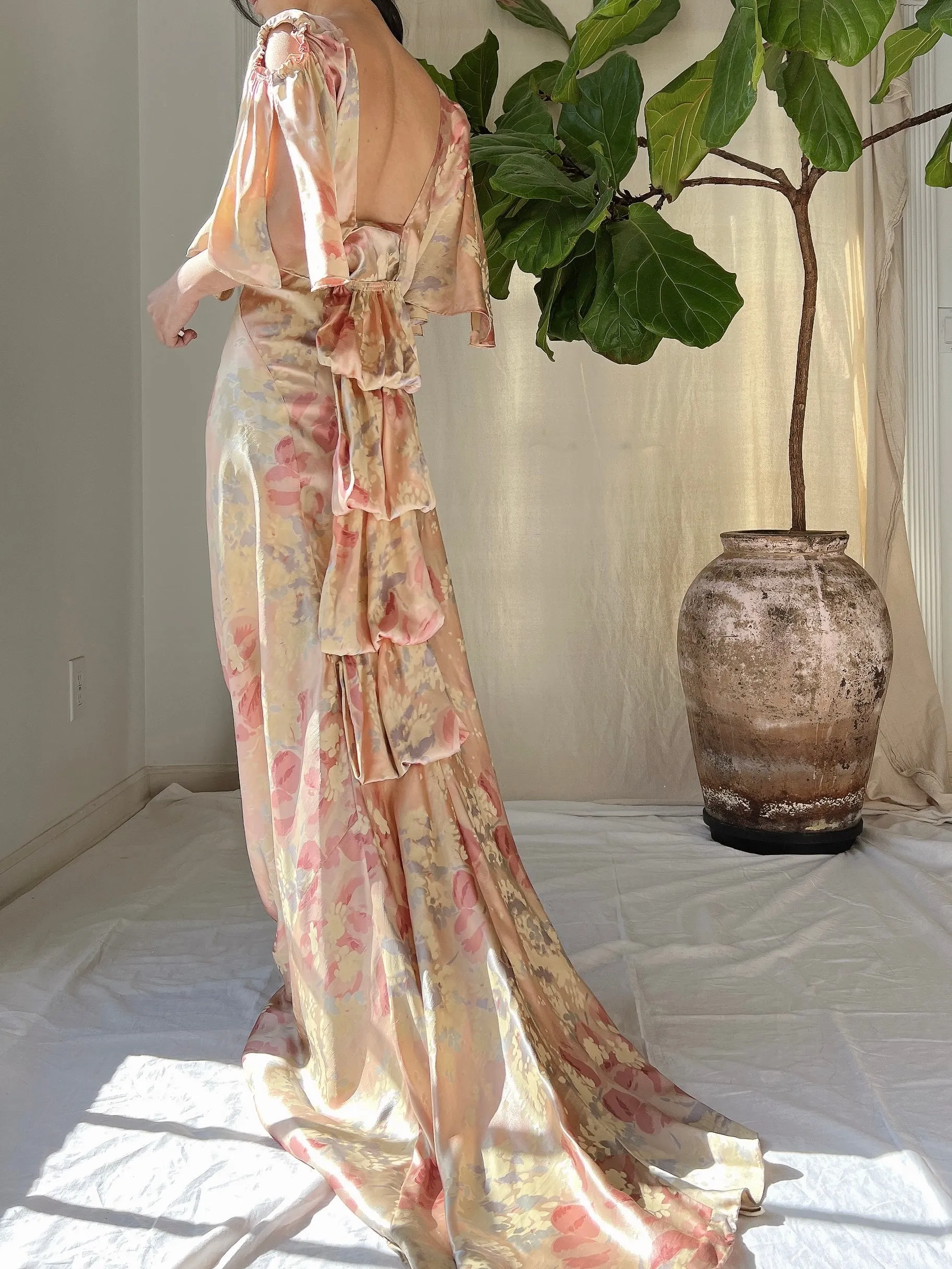 1930s Silk Floral Dress - M