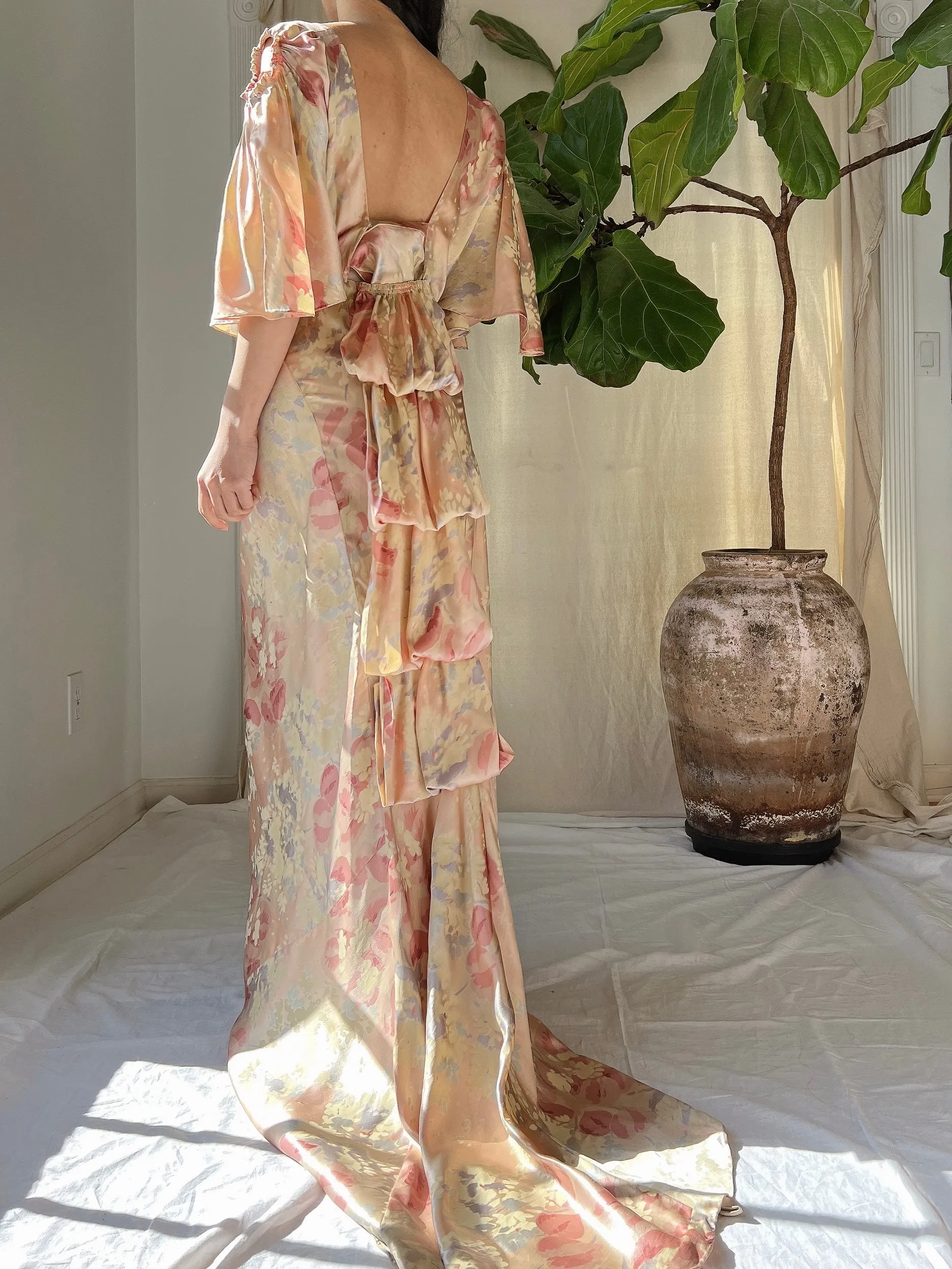 1930s Silk Floral Dress - M