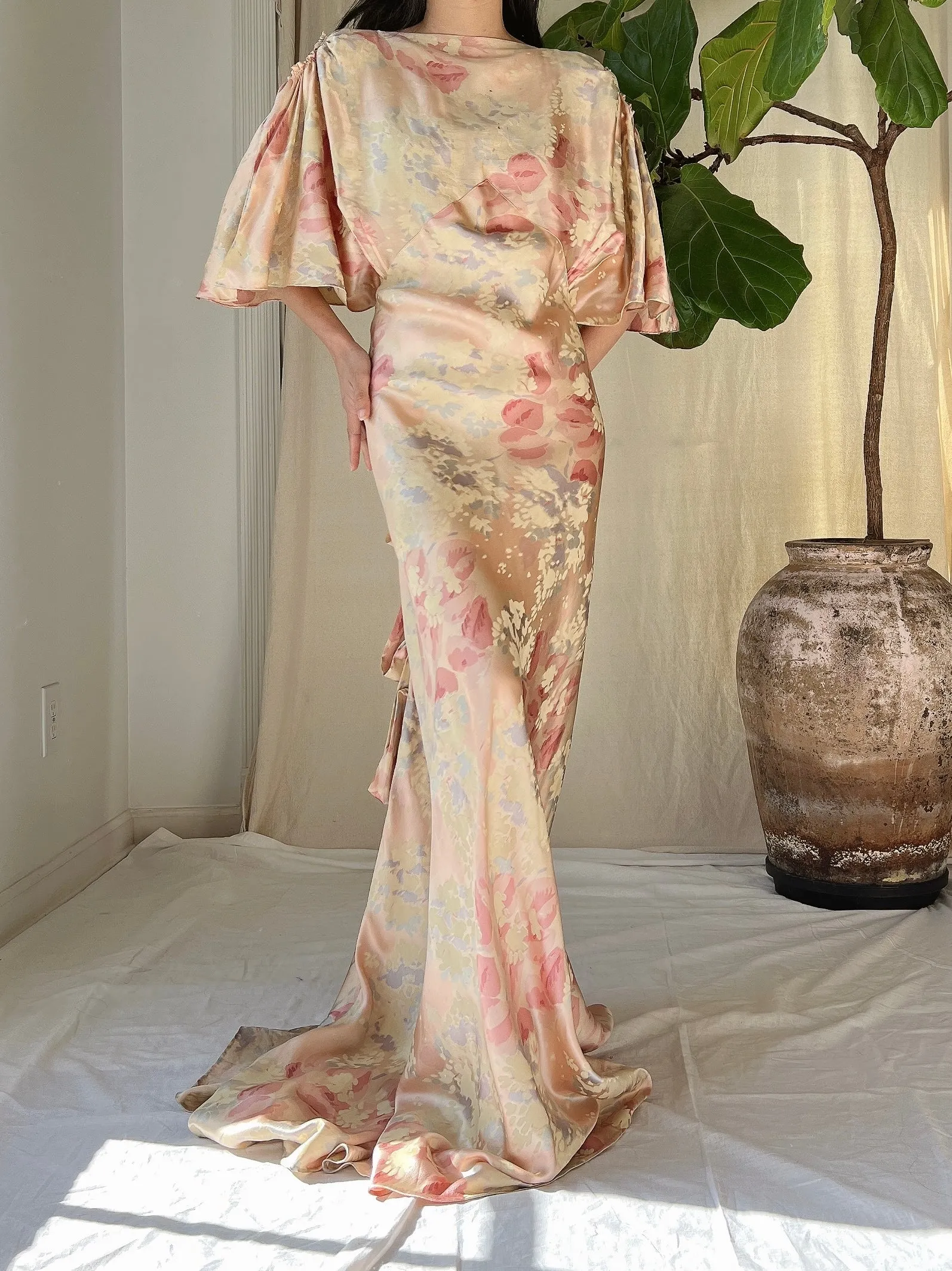 1930s Silk Floral Dress - M
