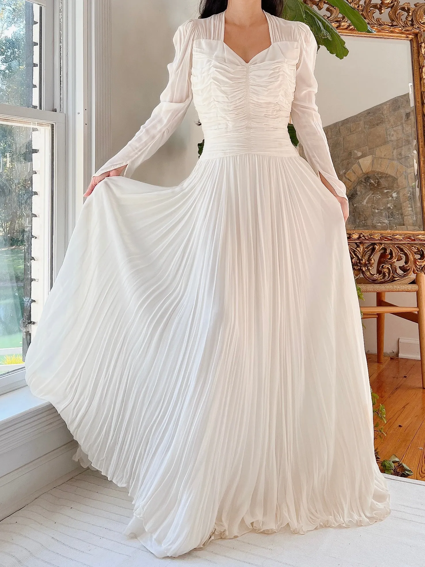 1940s Chiffon Ruche Dress - S