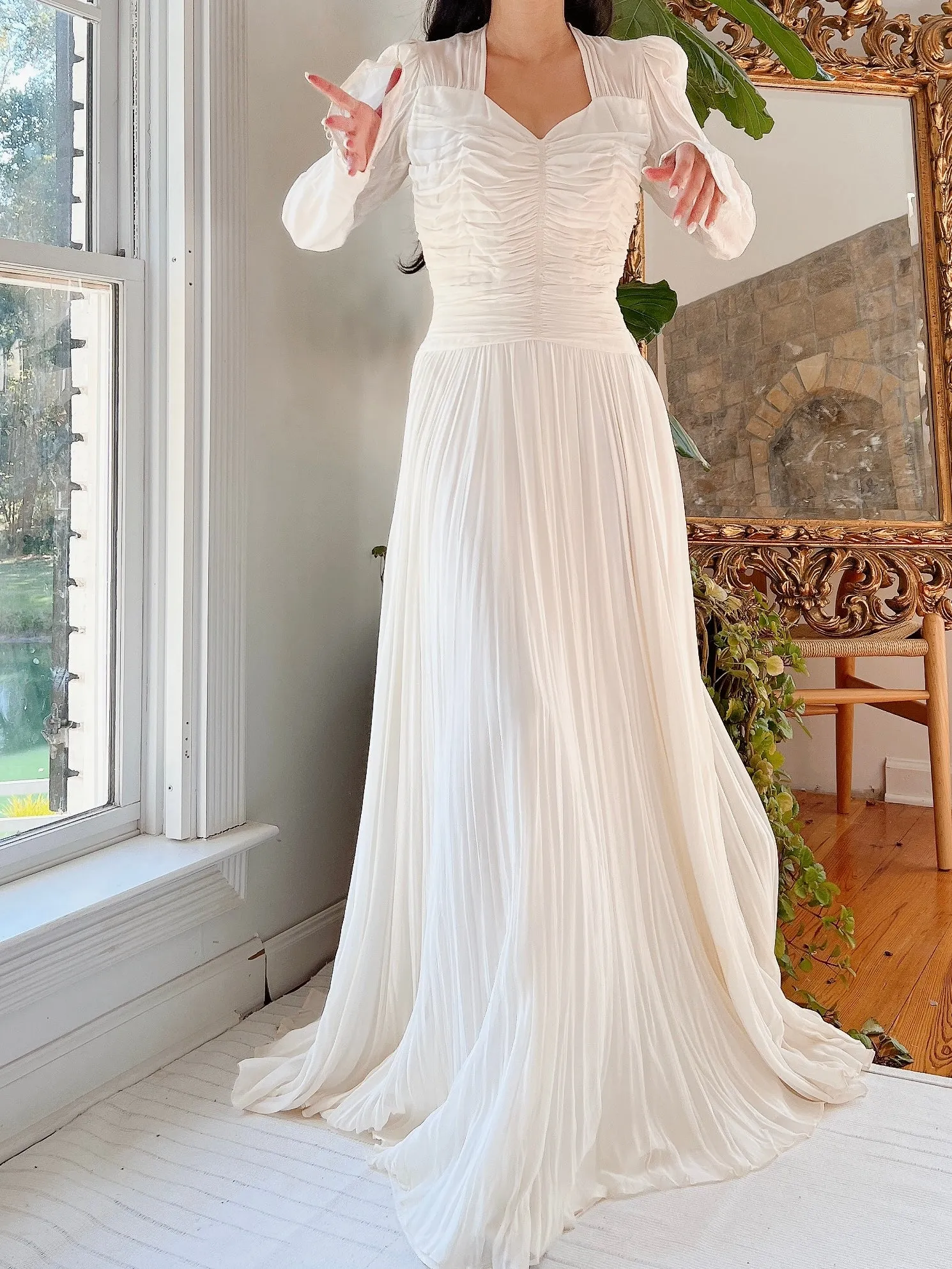 1940s Chiffon Ruche Dress - S