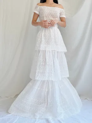 1940s Organdy Embroidered Gown - XS