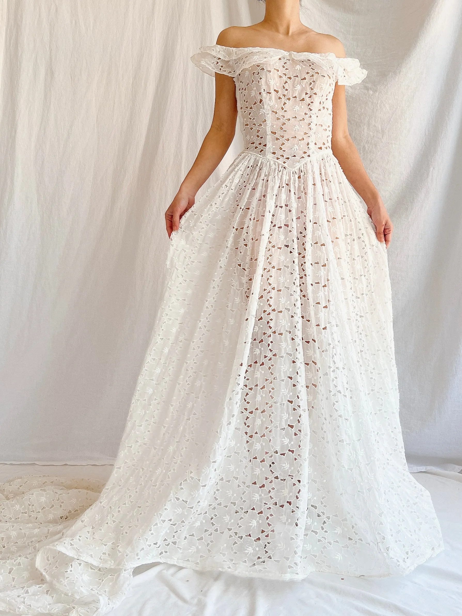 1940s Sheer Organdy Cutout Gown - XS