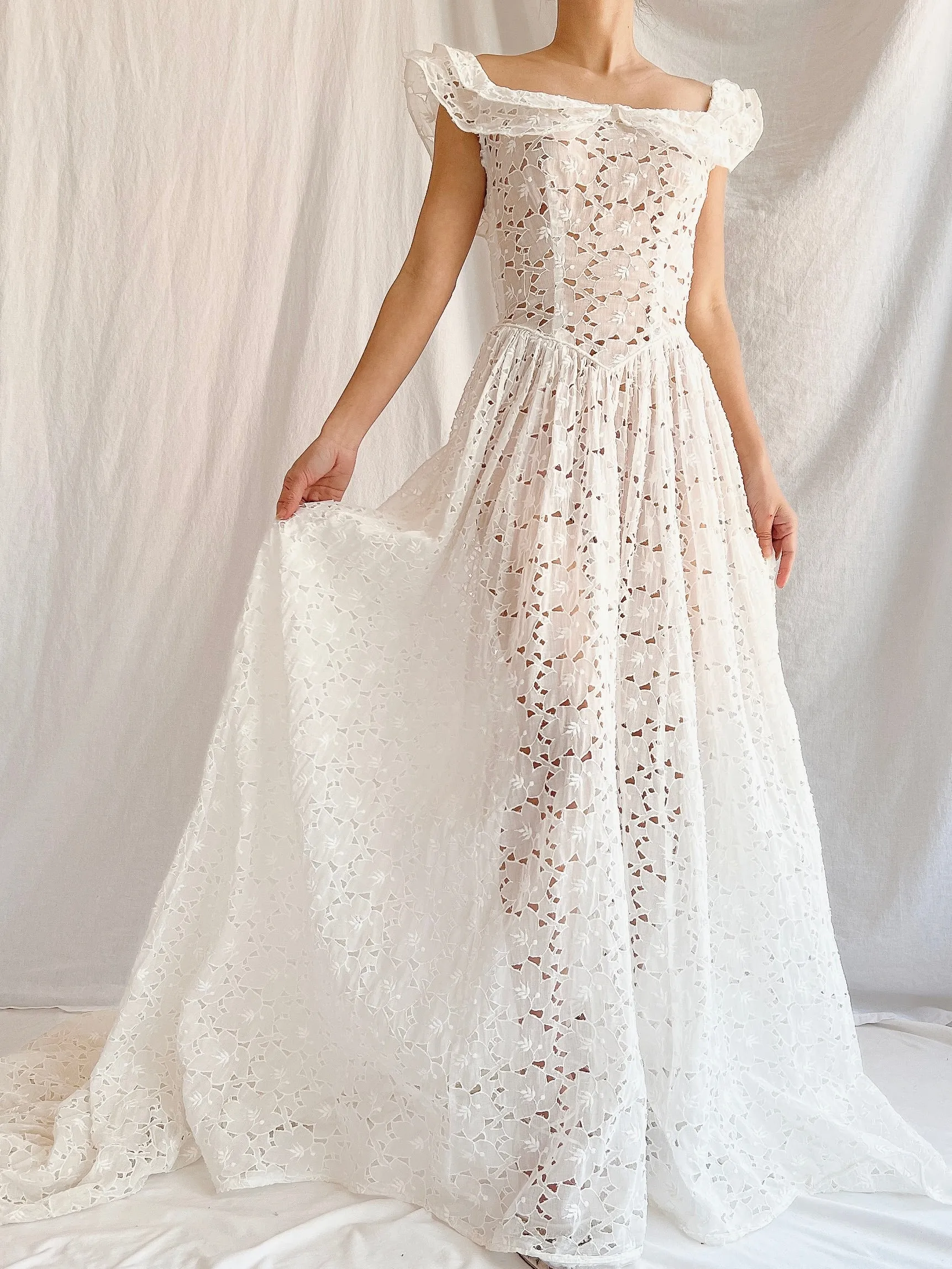 1940s Sheer Organdy Cutout Gown - XS