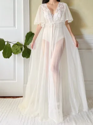 1960s White Flutter Sleeve  Dressing Gown - M