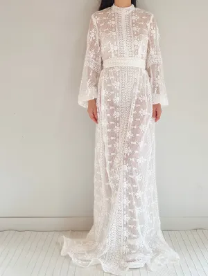 1970s High Neck Puff Sleeves Embroidered Dress - S/M