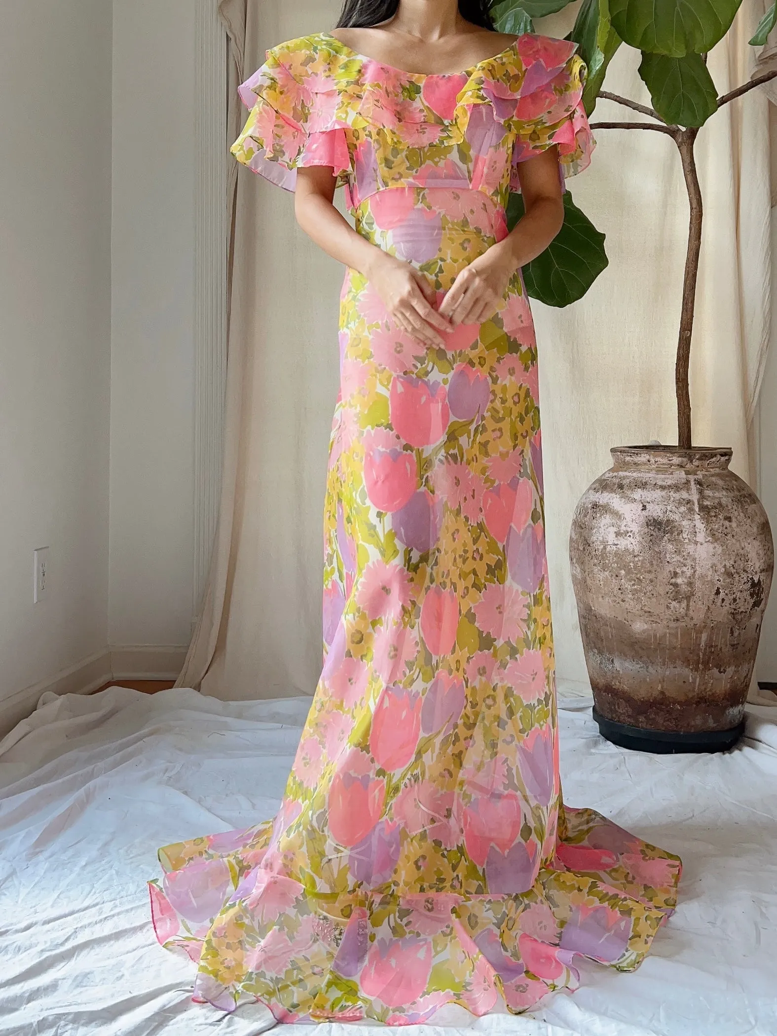 1970s Sheer Voile Floral Dress - S/M