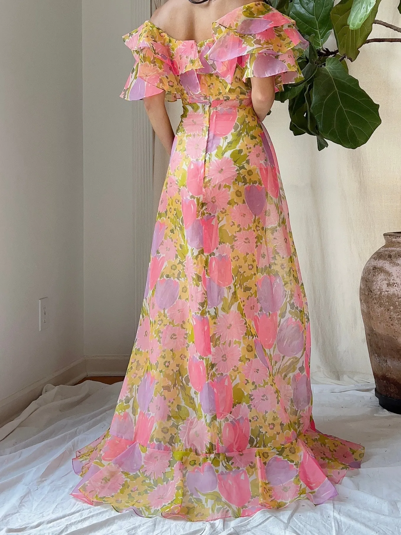 1970s Sheer Voile Floral Dress - S/M