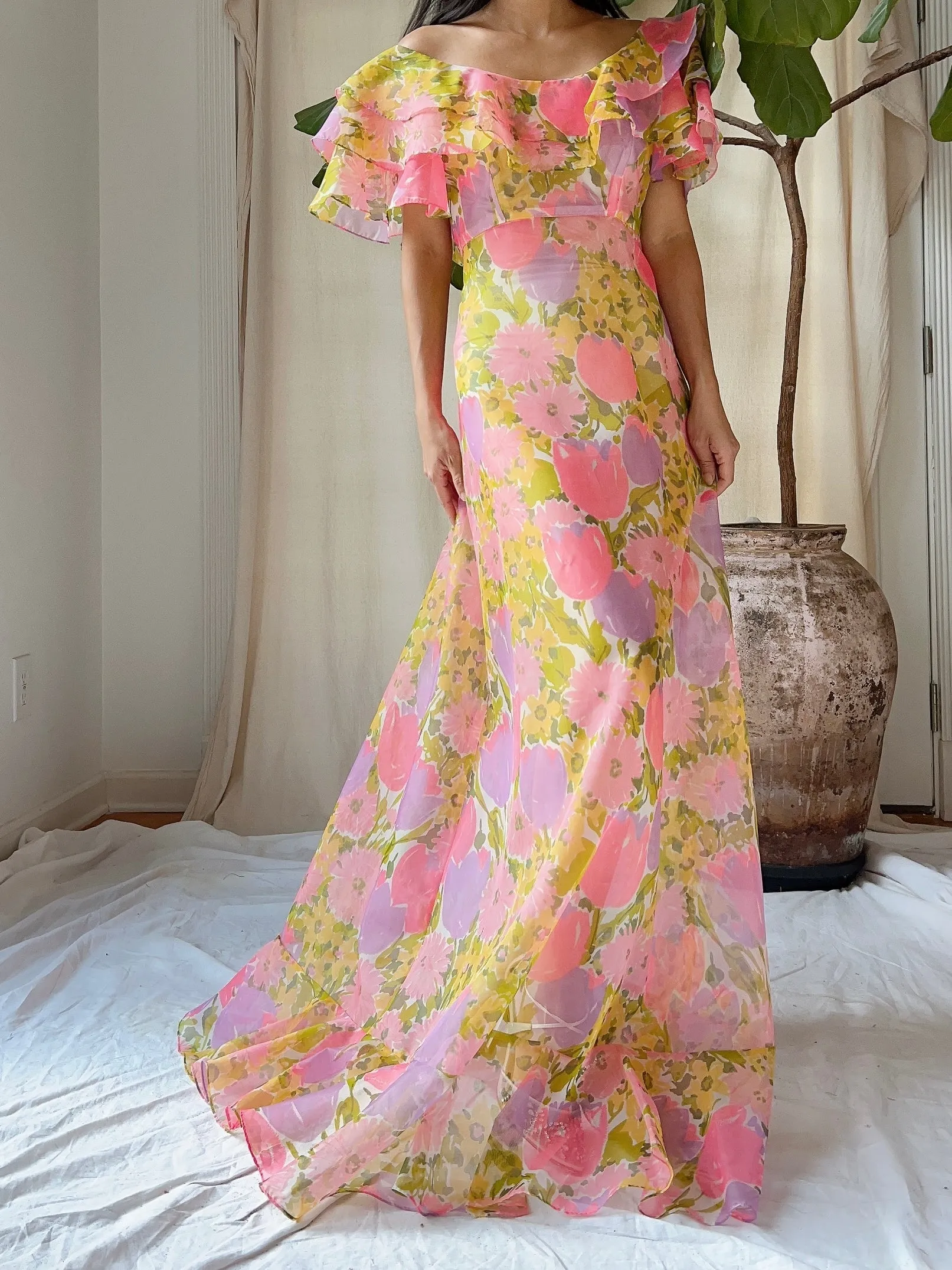 1970s Sheer Voile Floral Dress - S/M