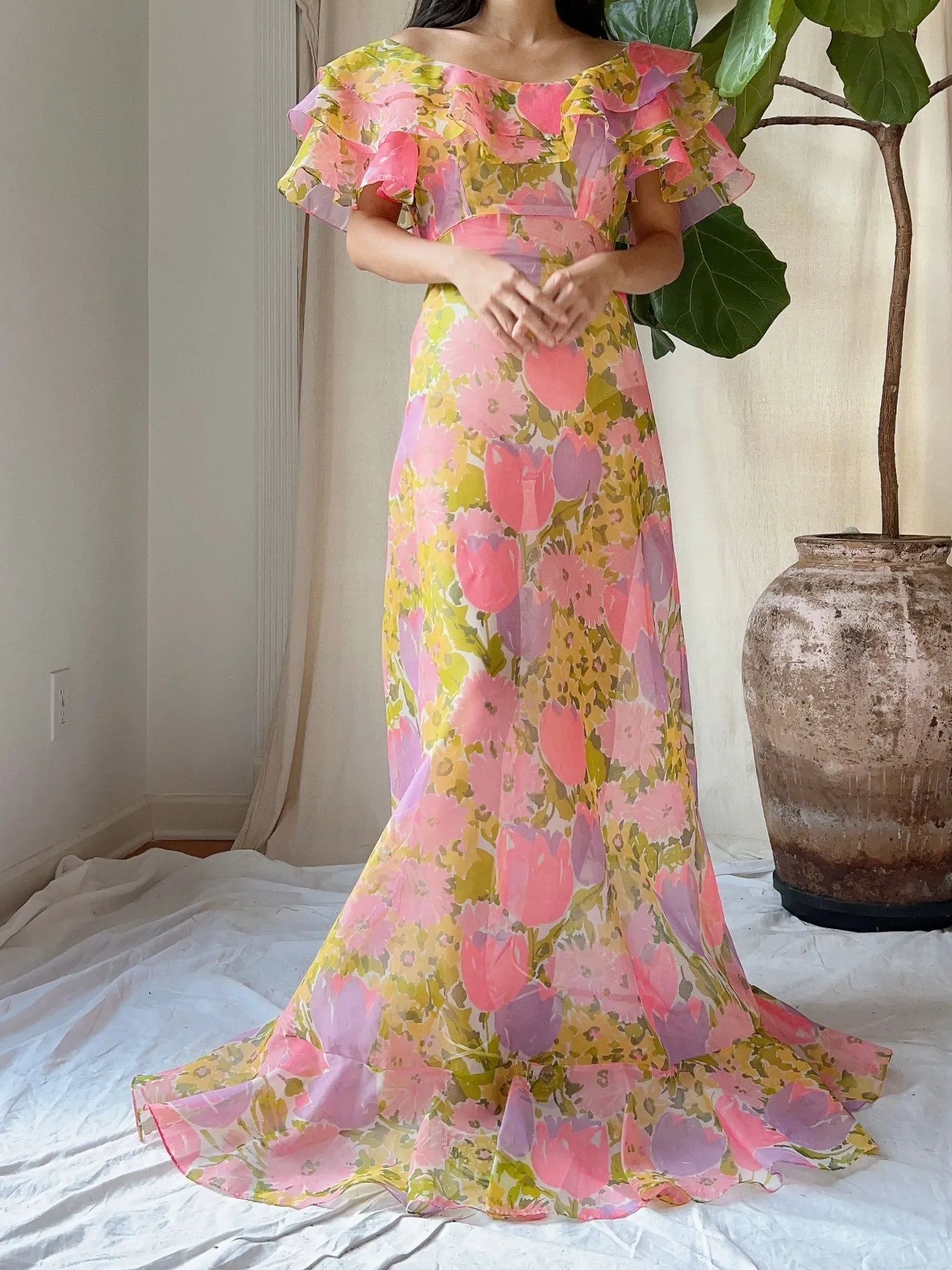 1970s Sheer Voile Floral Dress - S/M