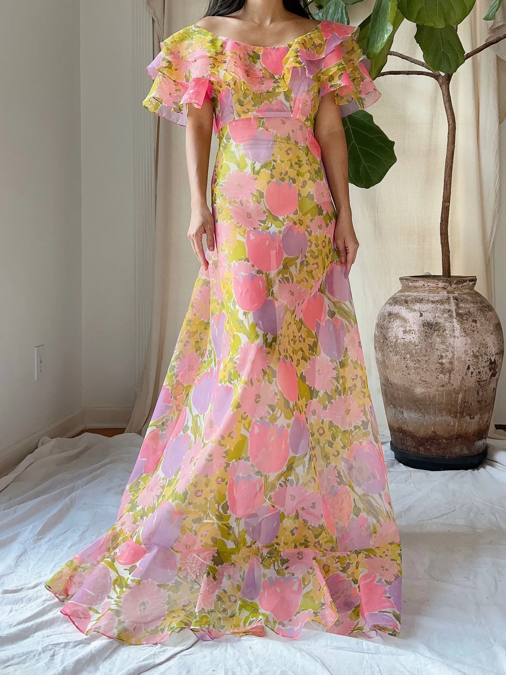 1970s Sheer Voile Floral Dress - S/M