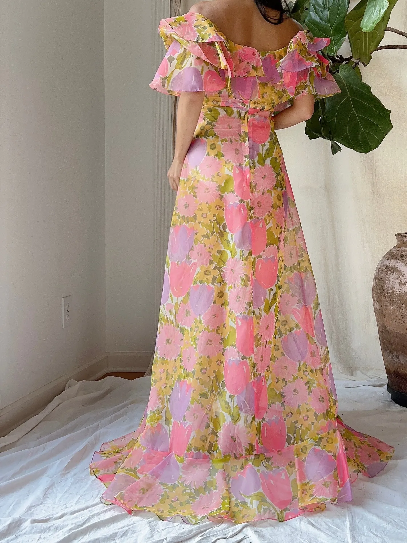 1970s Sheer Voile Floral Dress - S/M