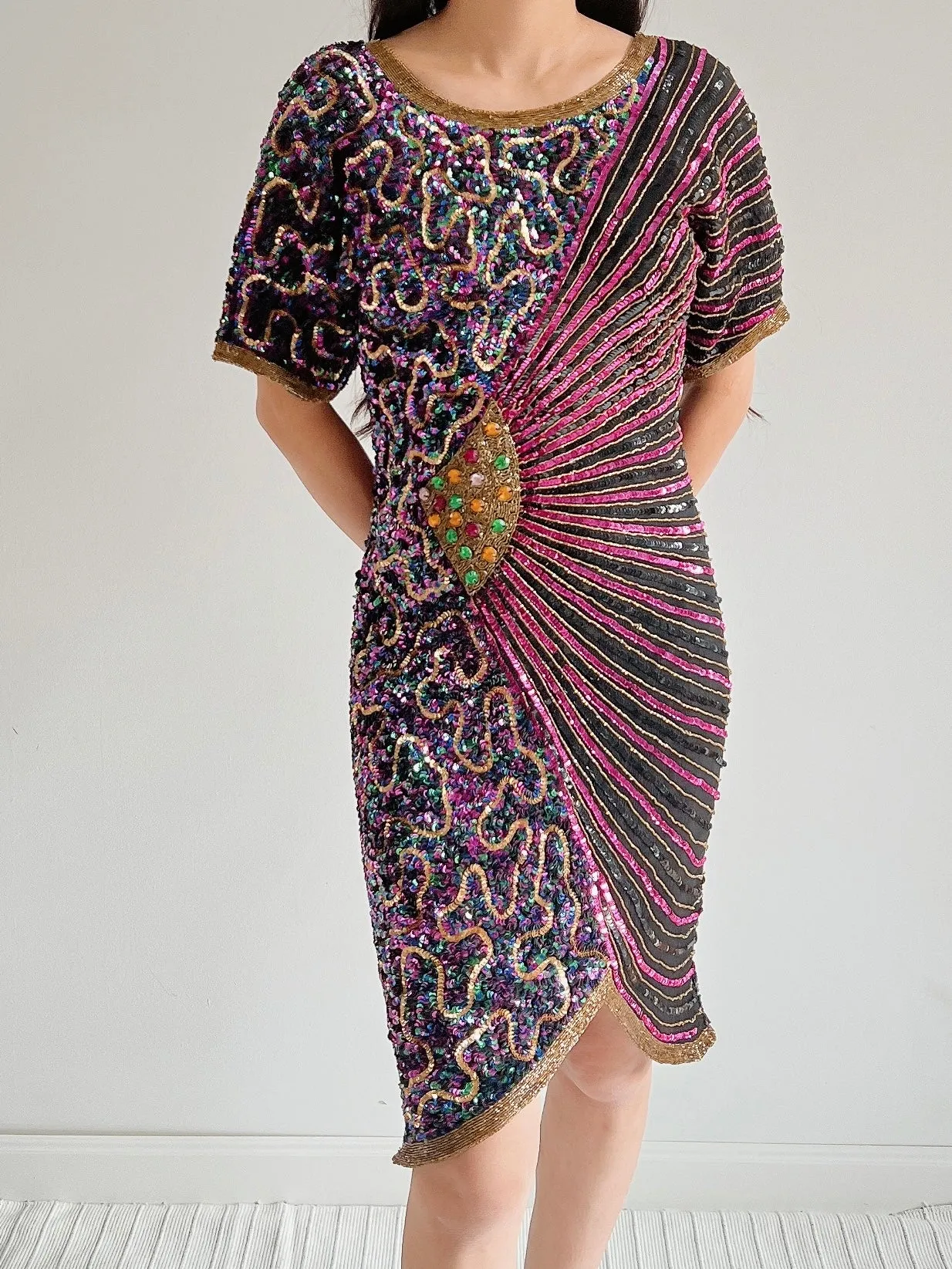 1980s Abstract Silk Beaded Dress - S