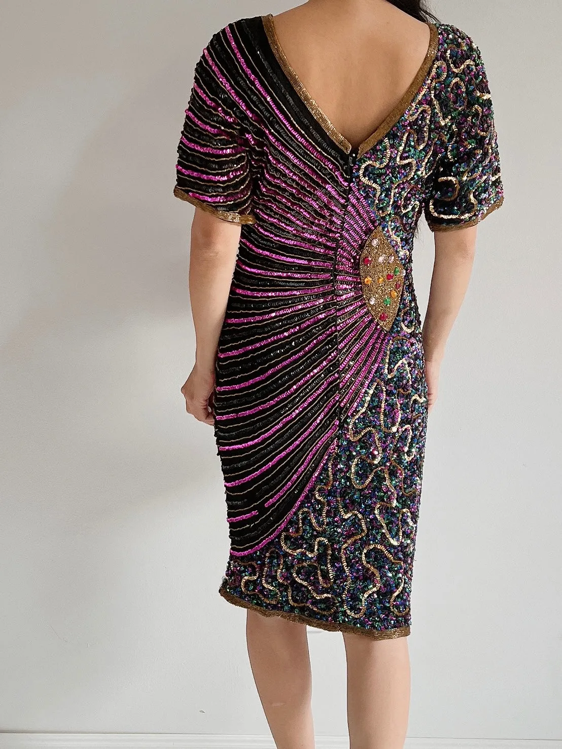 1980s Abstract Silk Beaded Dress - S