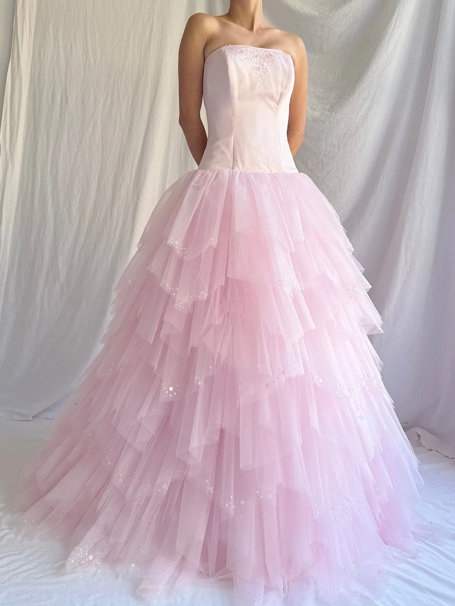 1990s Maggie Sotero Satin Tiered Dress - M/4-8