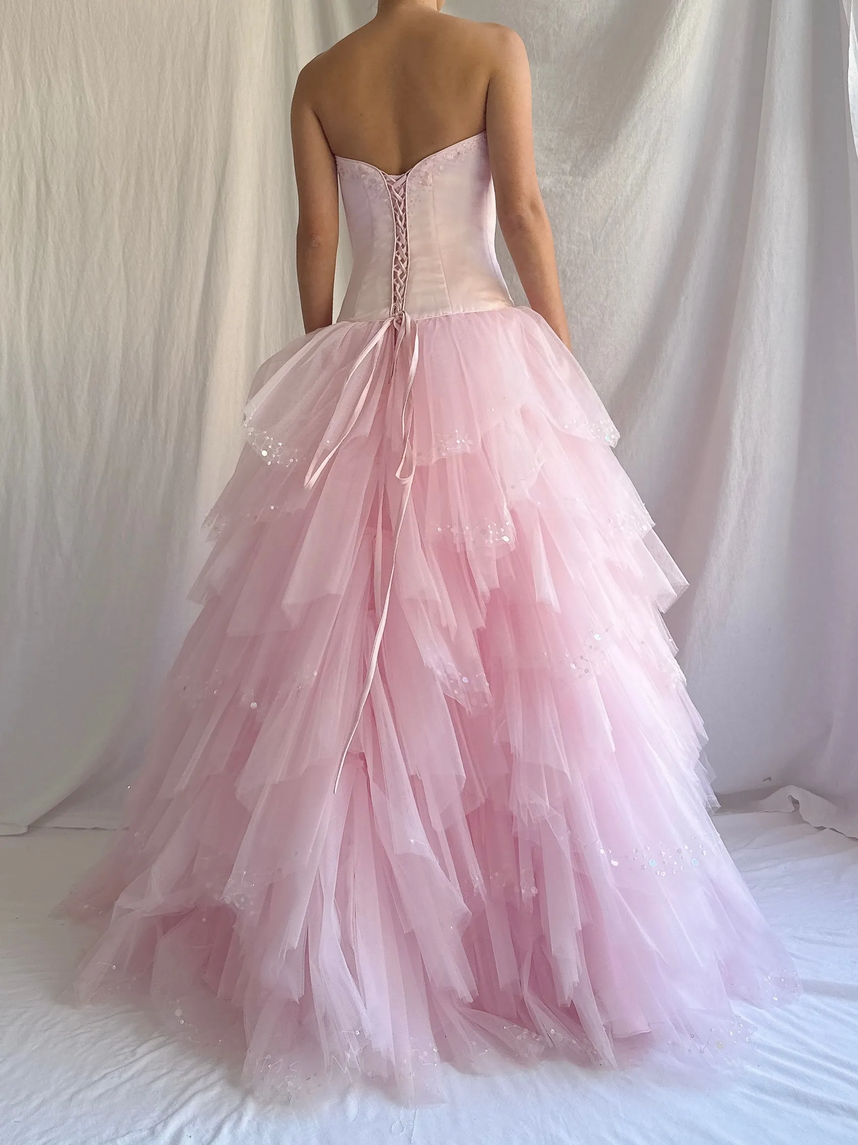1990s Maggie Sotero Satin Tiered Dress - M/4-8
