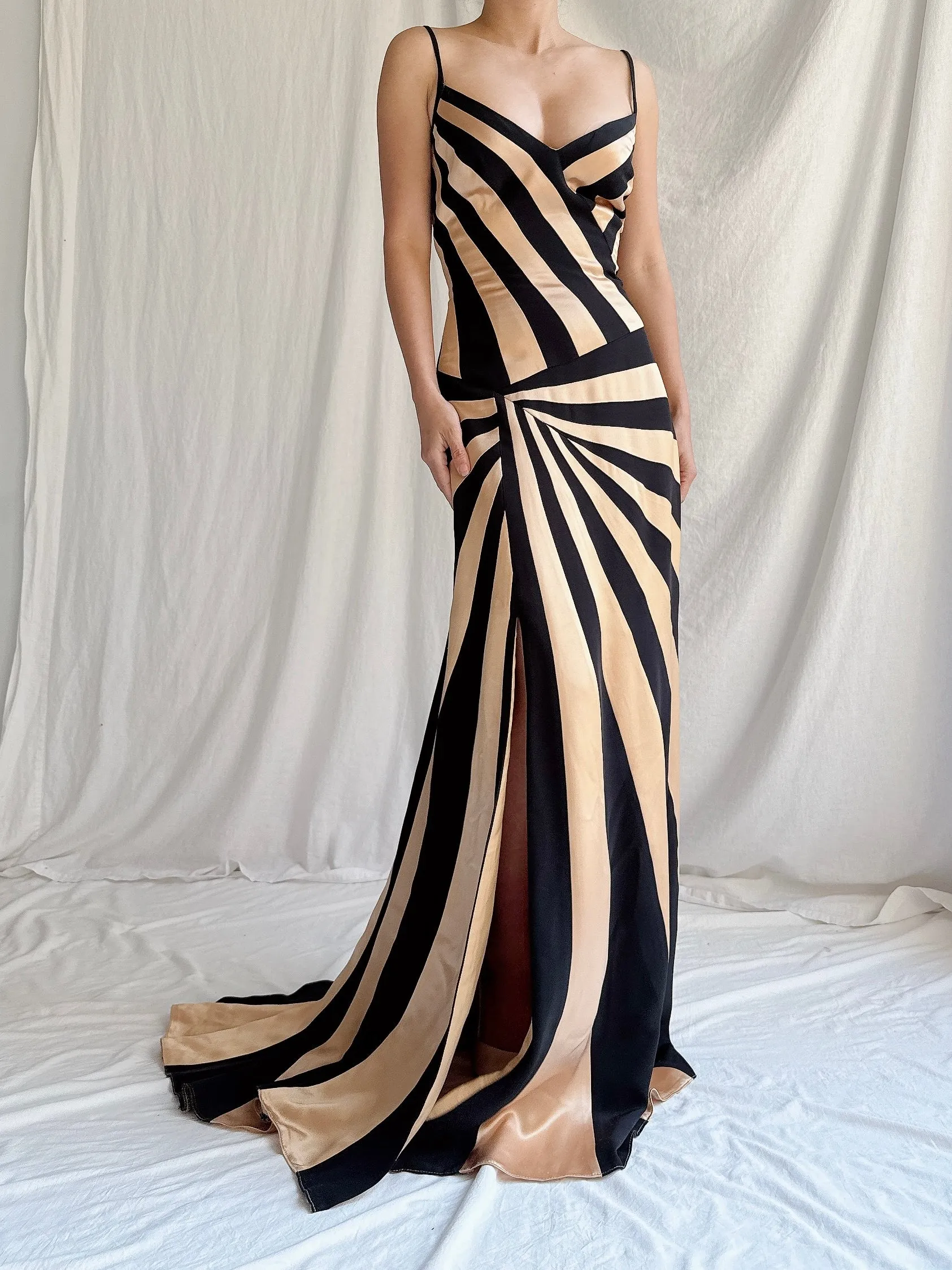 1990s Satin Abstract Striped Dress - S/M