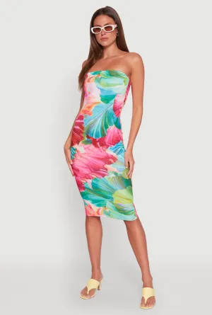 Abstract Tropical Floral Print Tube Dress