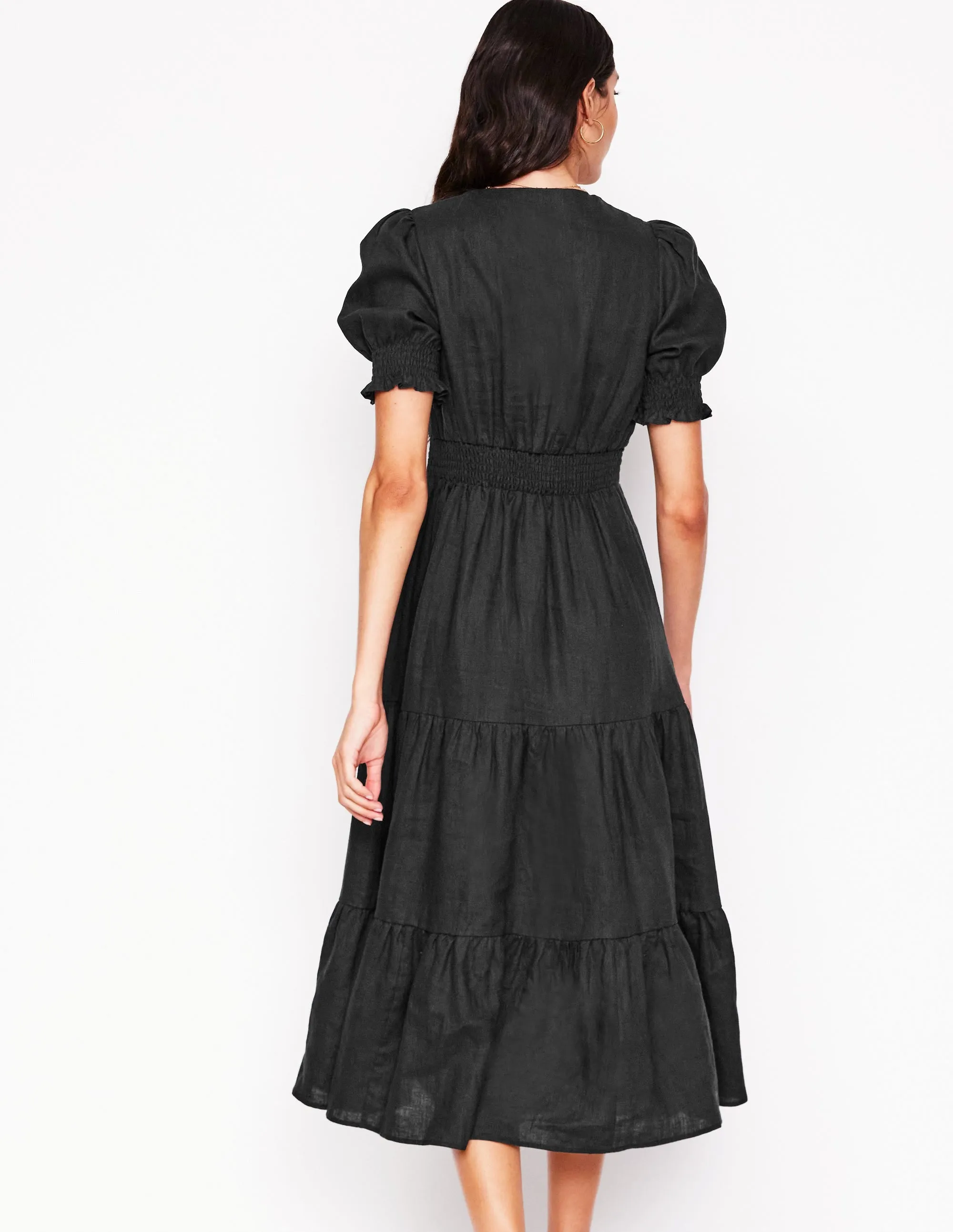 Anna Linen Tiered Midi Dress-Black