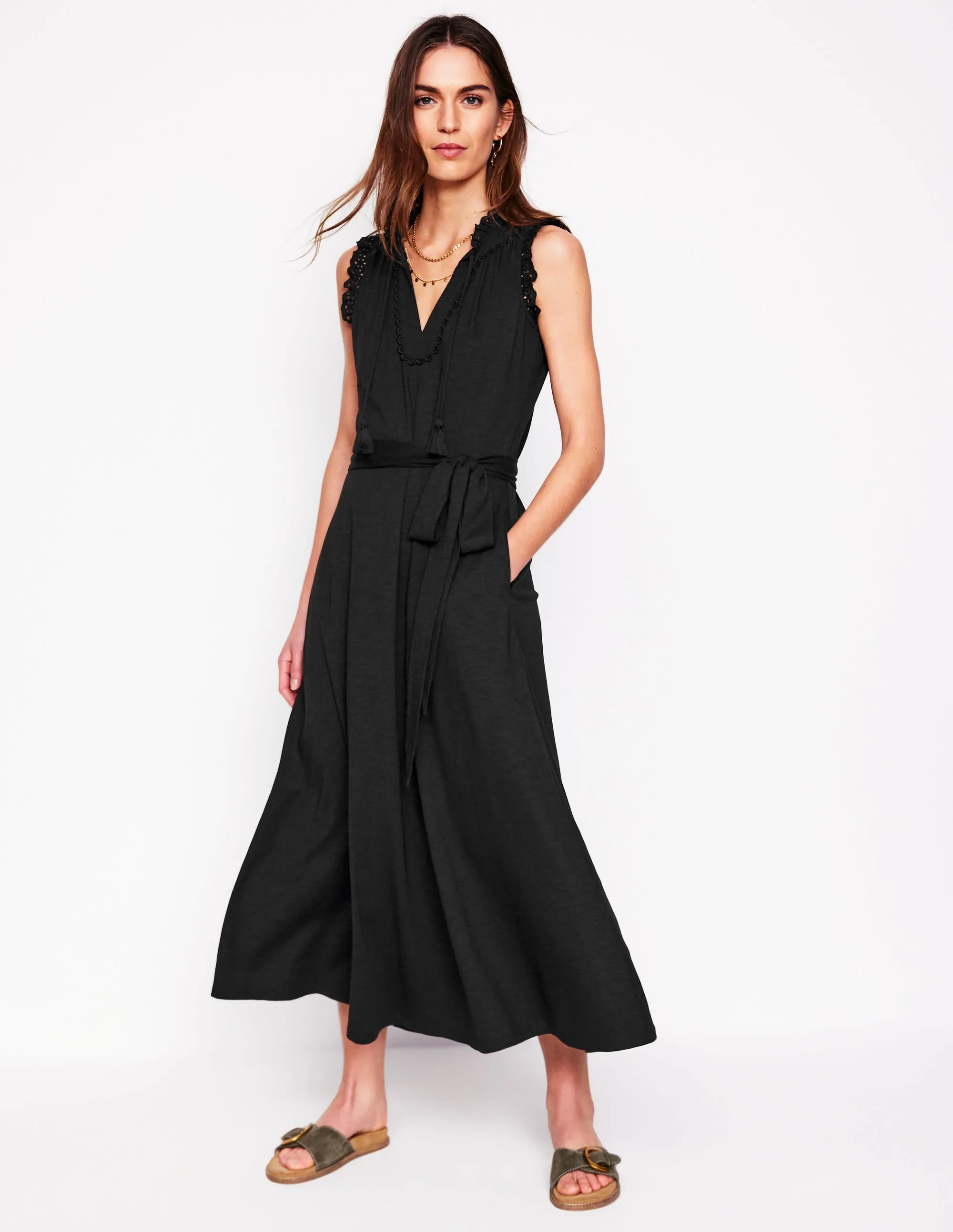 Aria Broderie Trim Midi Dress-Black
