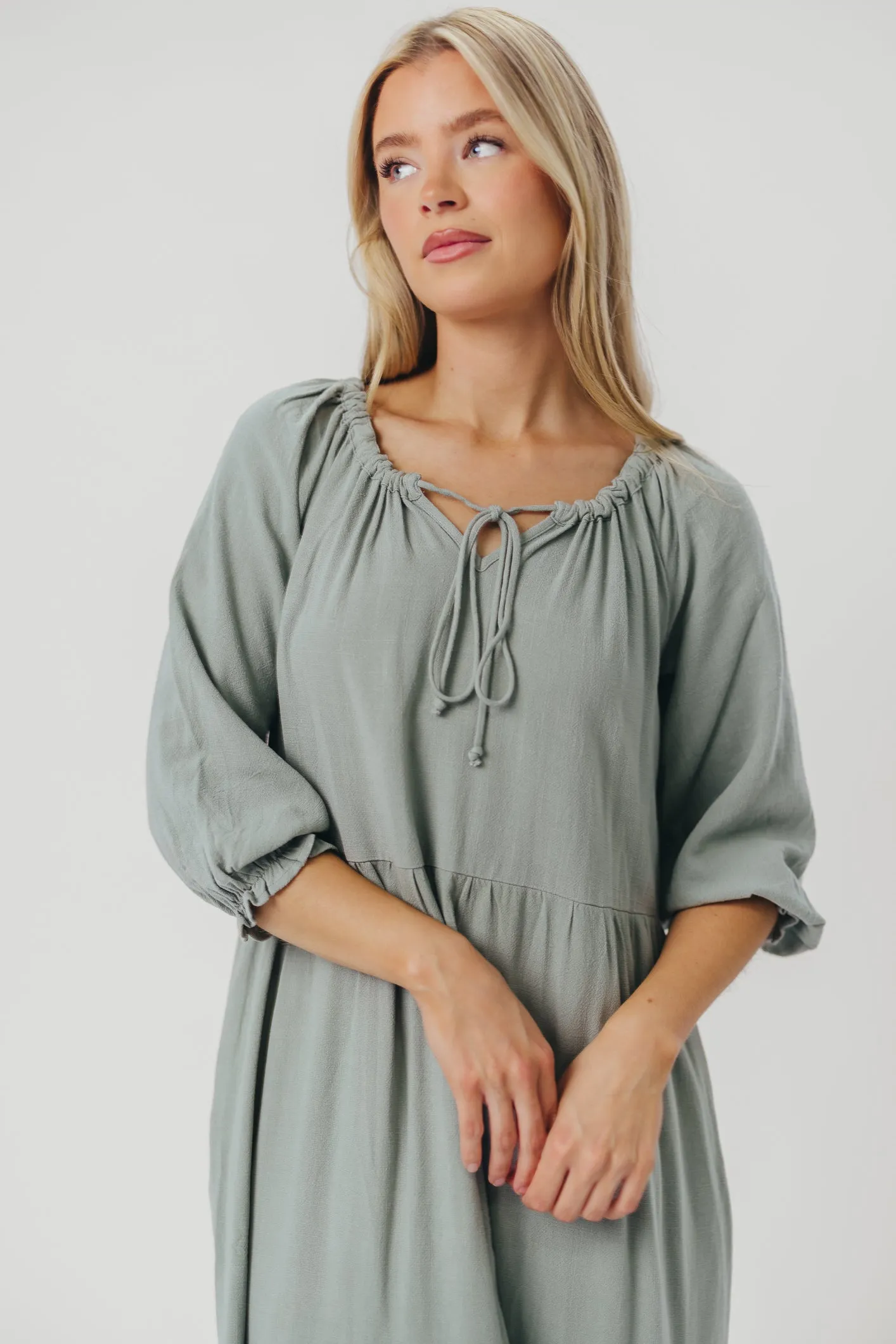 Avery Tiered Linen-Blend Midi Dress in Sage - Bump Friendly and Inclusive Sizing