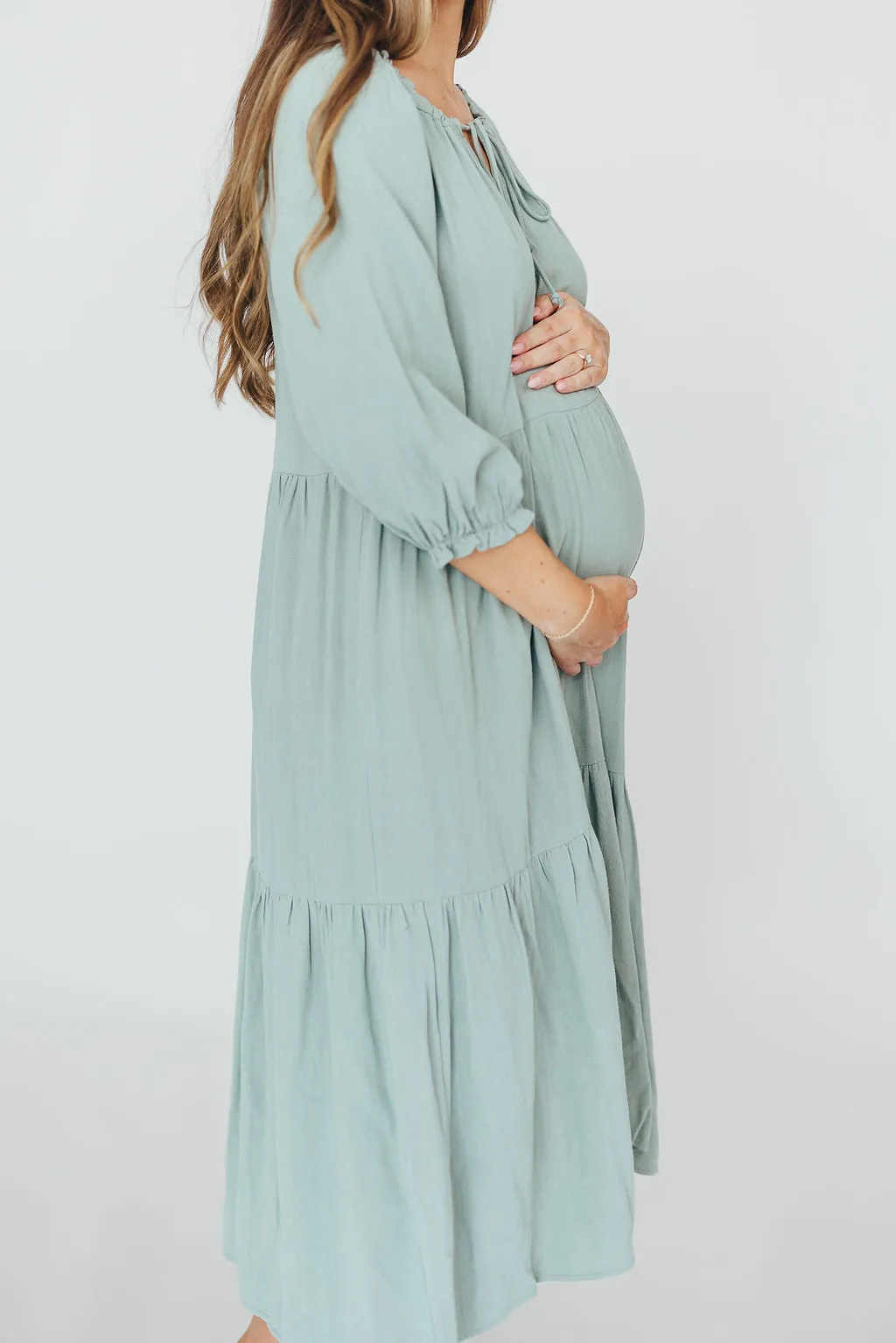 Avery Tiered Linen-Blend Midi Dress in Sage - Bump Friendly and Inclusive Sizing