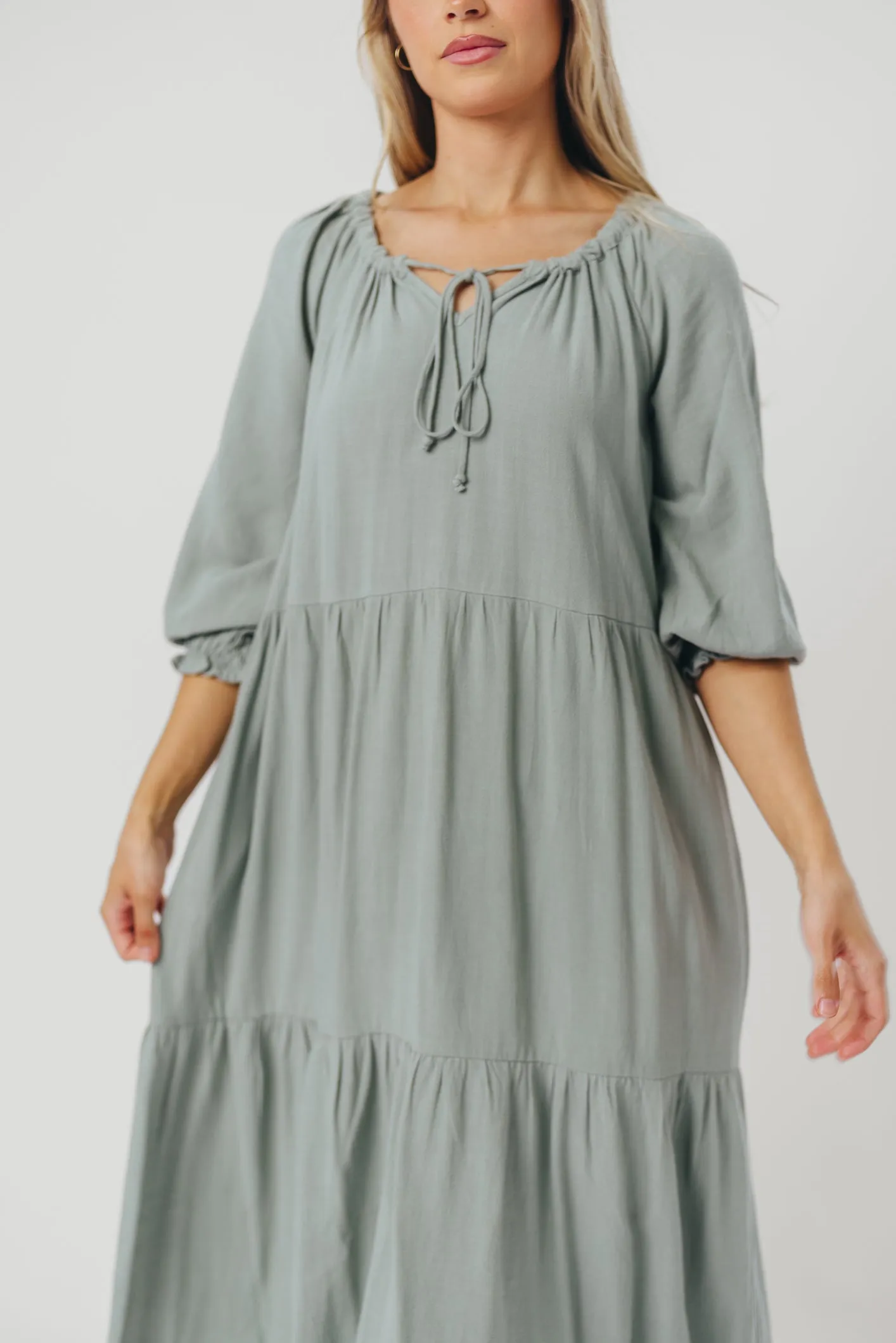 Avery Tiered Linen-Blend Midi Dress in Sage - Bump Friendly and Inclusive Sizing