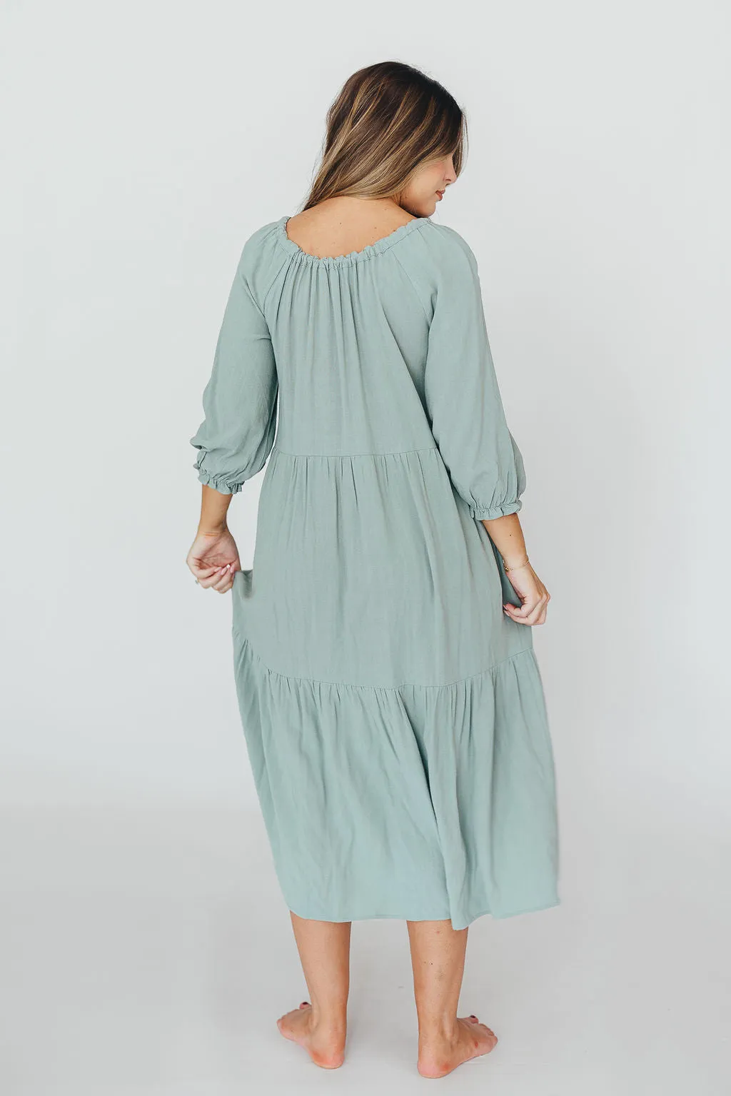Avery Tiered Linen-Blend Midi Dress in Sage - Bump Friendly and Inclusive Sizing