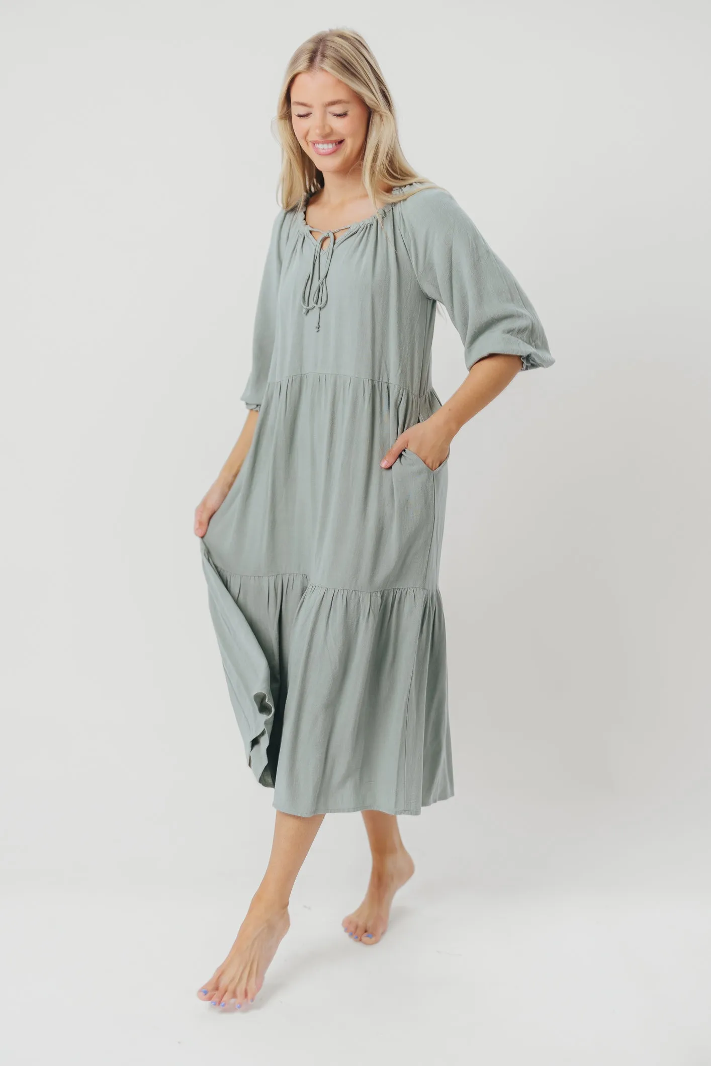 Avery Tiered Linen-Blend Midi Dress in Sage - Bump Friendly and Inclusive Sizing