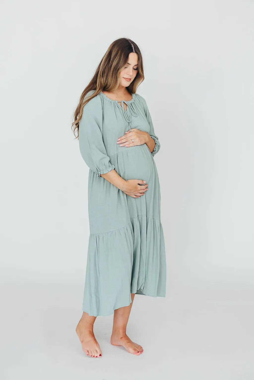 Avery Tiered Linen-Blend Midi Dress in Sage - Bump Friendly and Inclusive Sizing