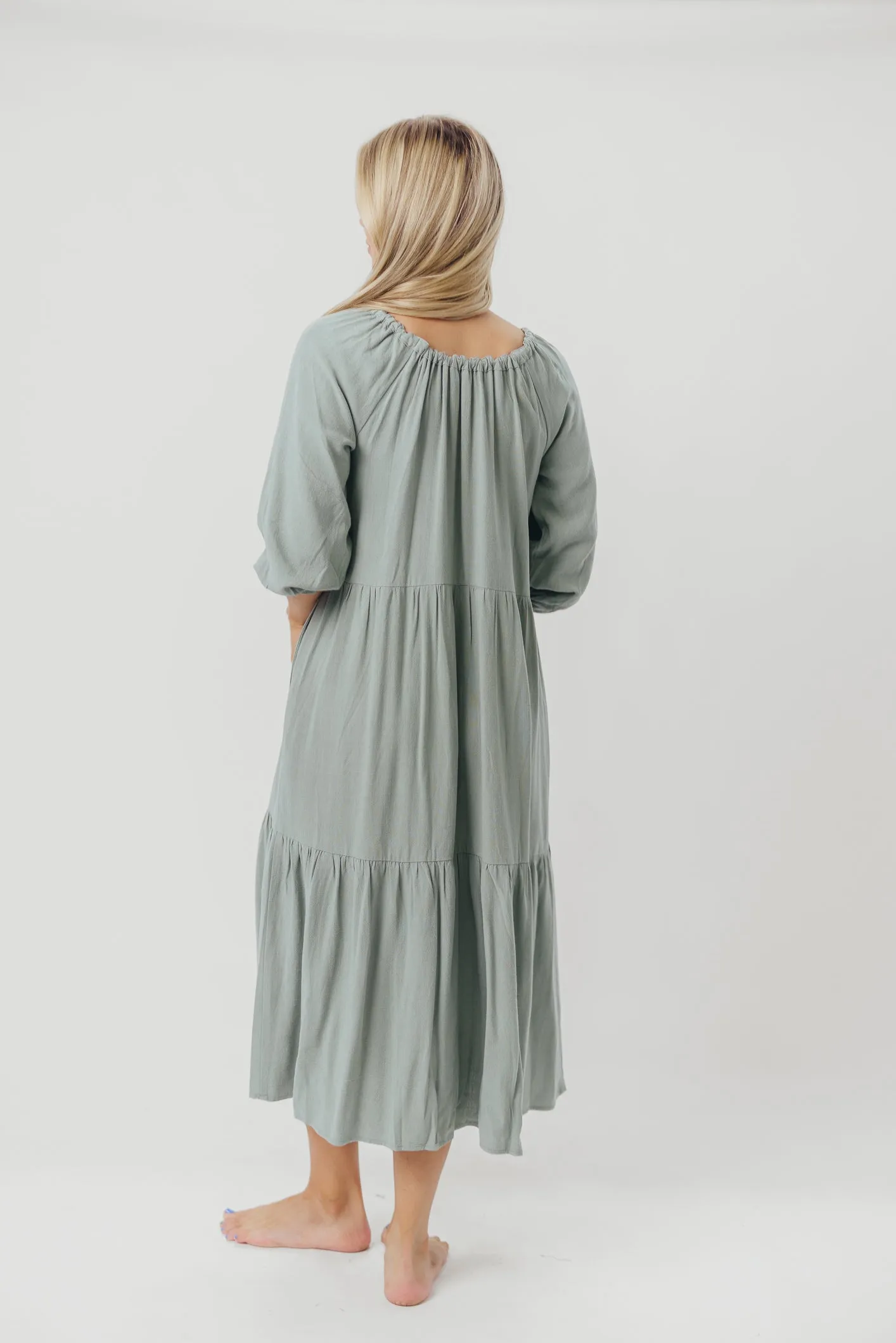 Avery Tiered Linen-Blend Midi Dress in Sage - Bump Friendly and Inclusive Sizing