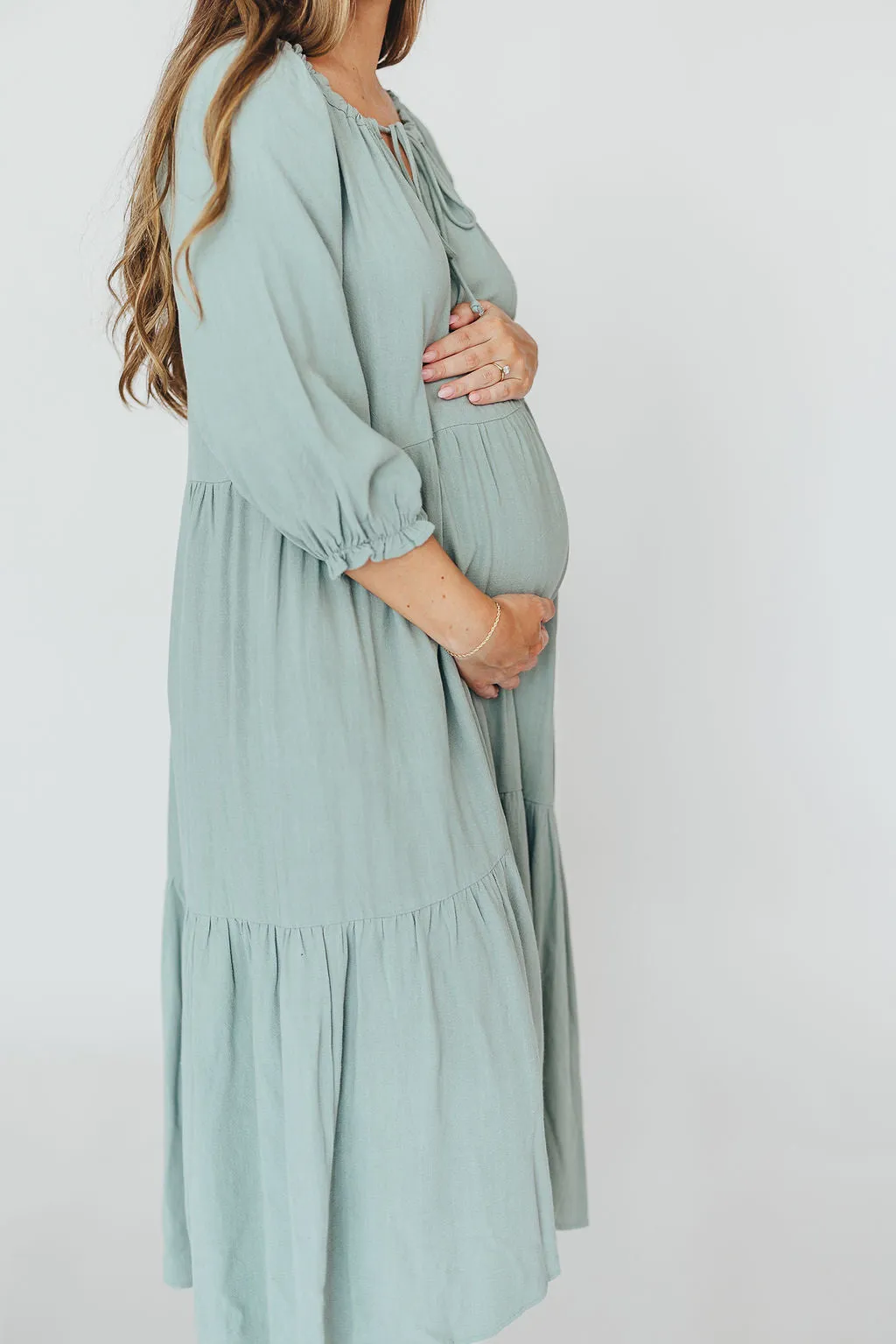 Avery Tiered Linen-Blend Midi Dress in Sage - Bump Friendly and Inclusive Sizing