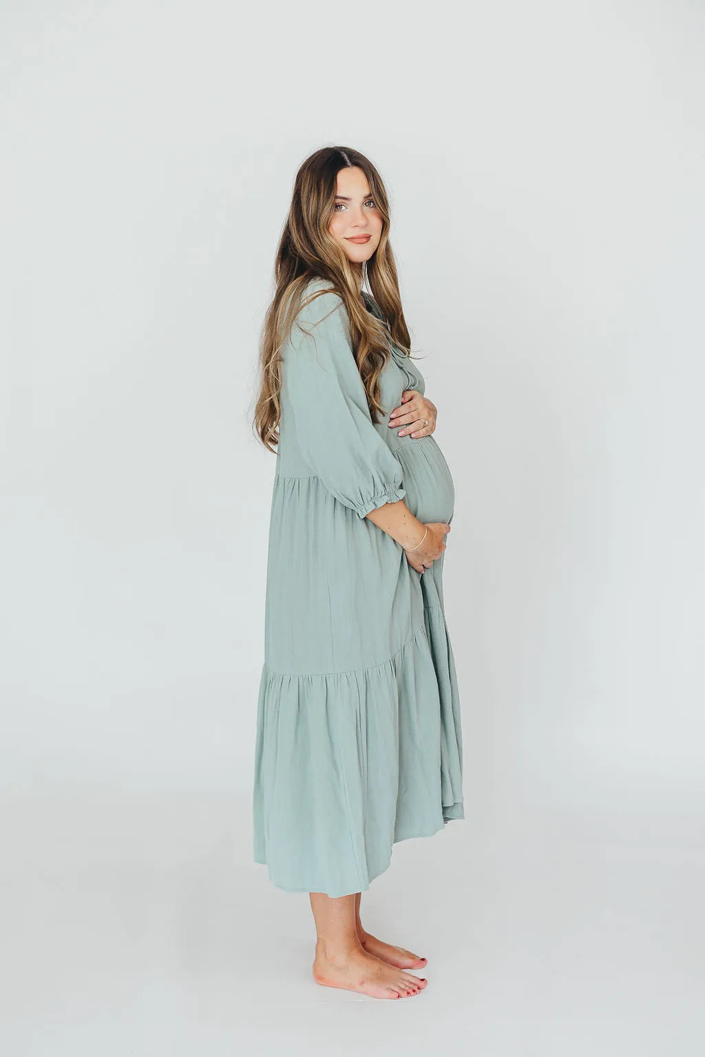 Avery Tiered Linen-Blend Midi Dress in Sage - Bump Friendly and Inclusive Sizing