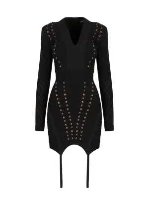 Balmain Eyelet-Detailed Ribbed Lace-Up Mini Dress