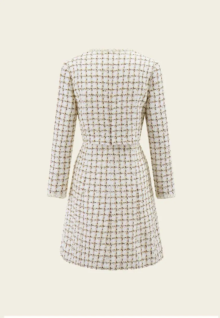Beige Checked Fake Two Piece Tweed Dress