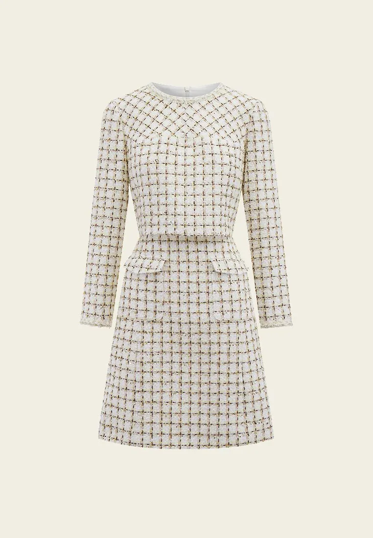 Beige Checked Fake Two Piece Tweed Dress