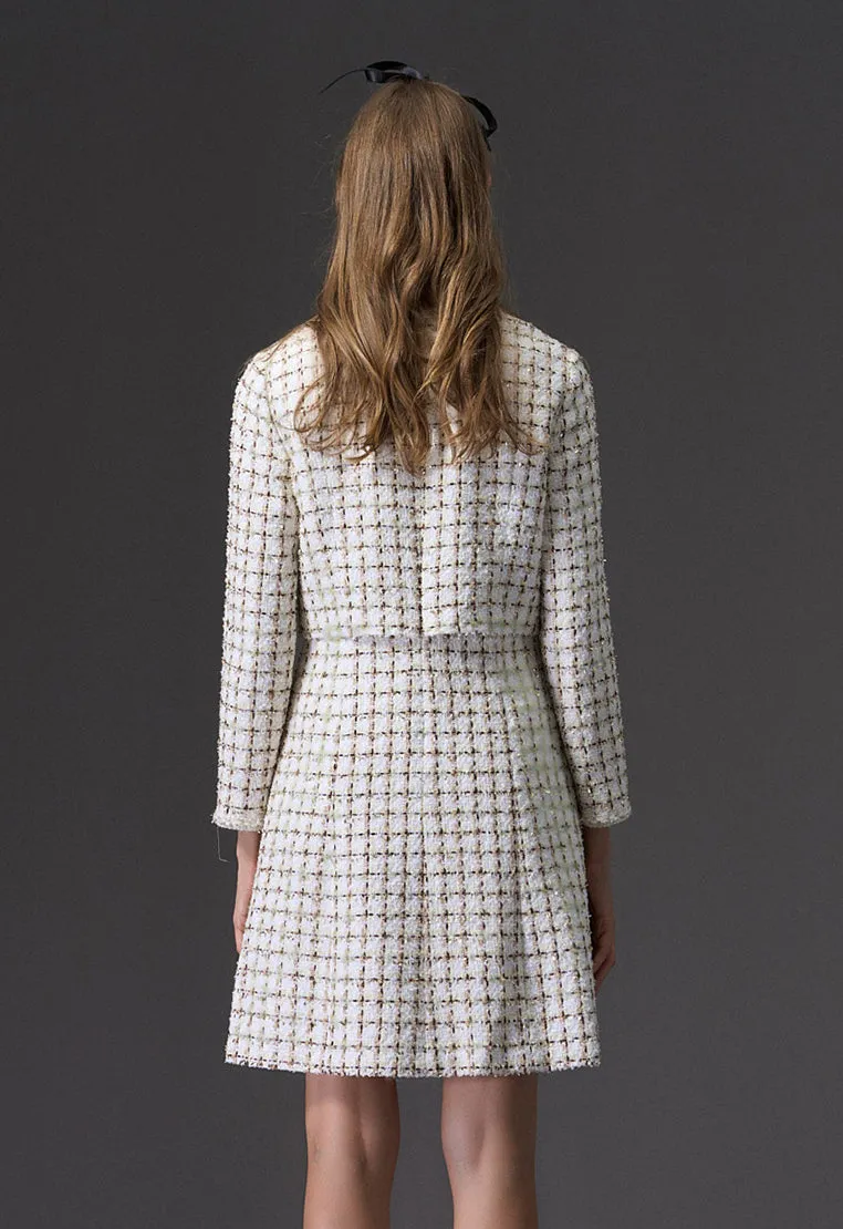 Beige Checked Fake Two Piece Tweed Dress