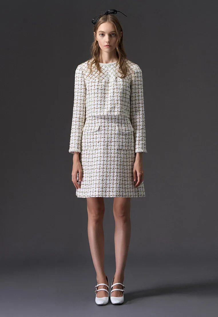 Beige Checked Fake Two Piece Tweed Dress